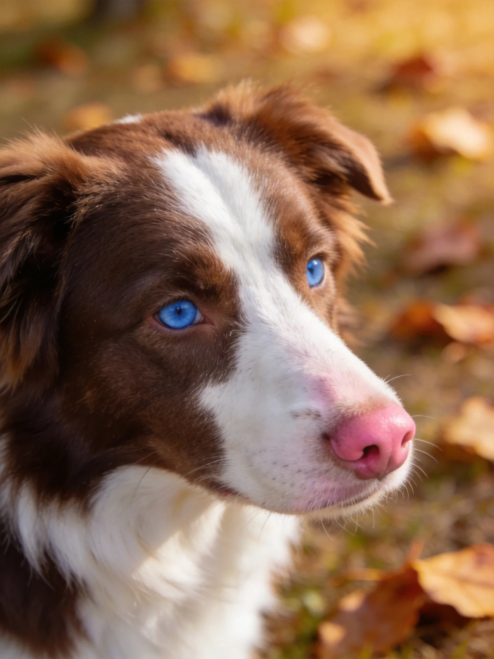A brown and white dog with blue eyes stands among autumn leaves.