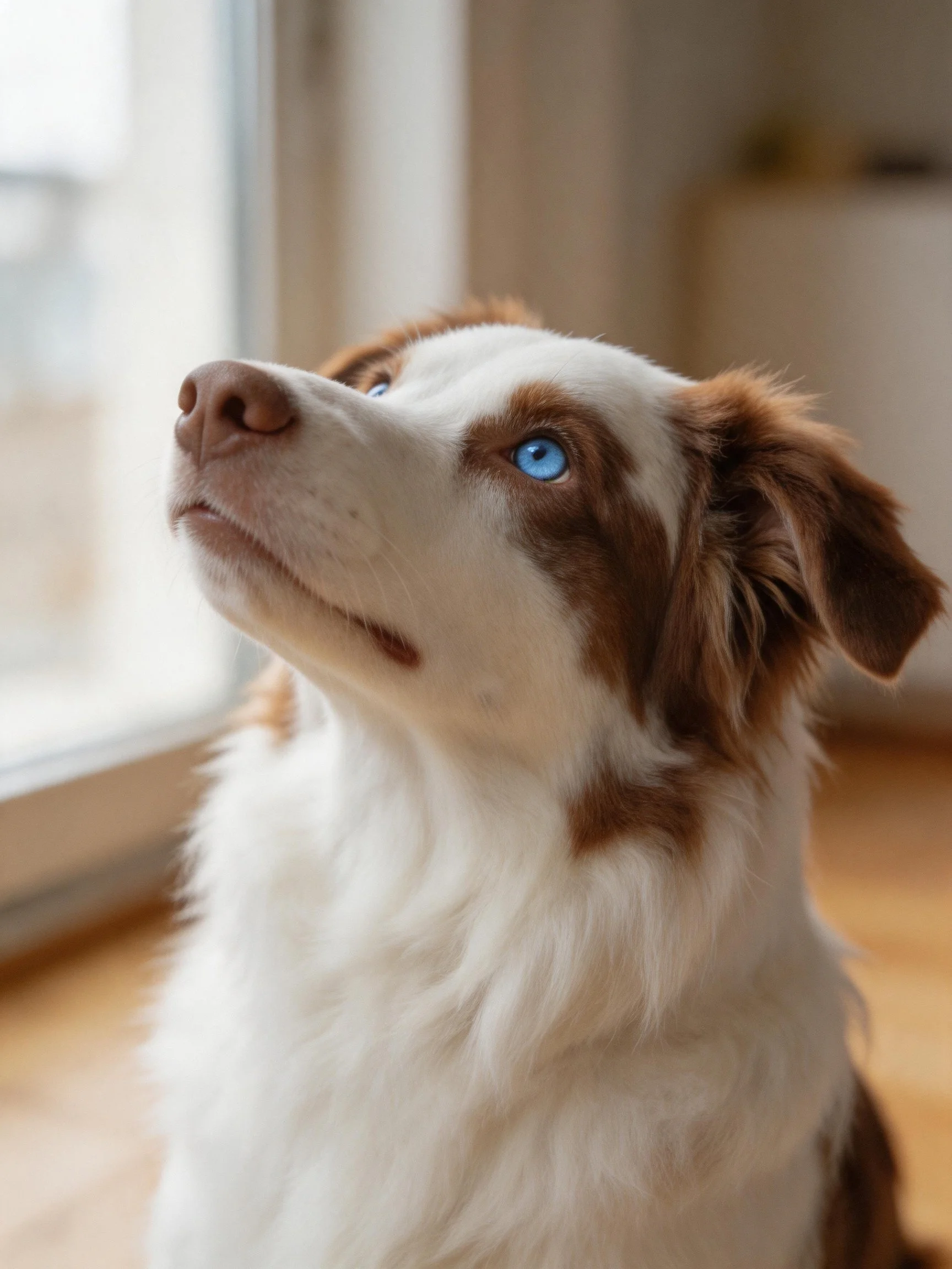 A brown and white dog with blue eyes looks upward near a bright window