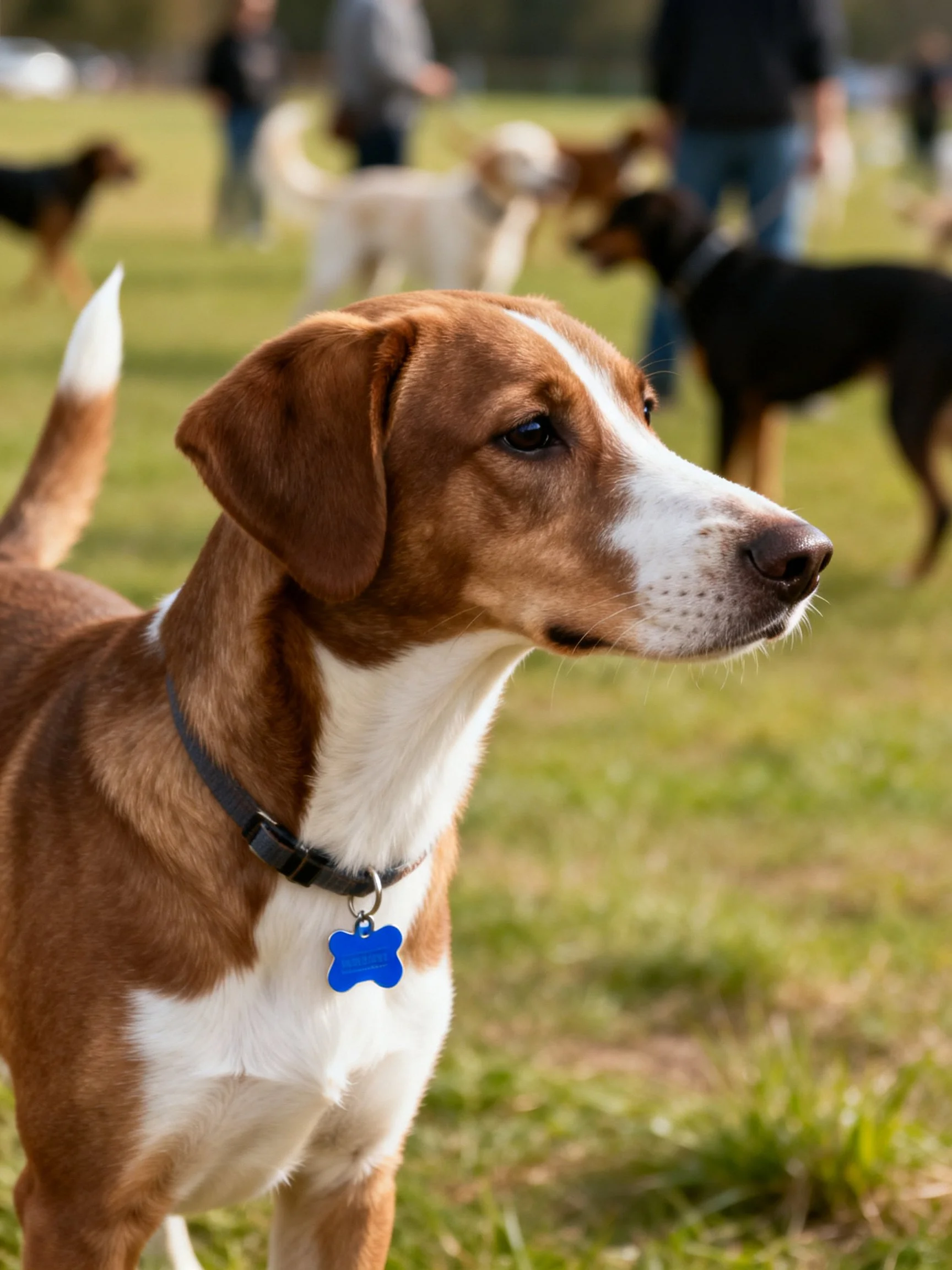 A brown and white dog with a blue tag stands among other dogs in a grassy park.