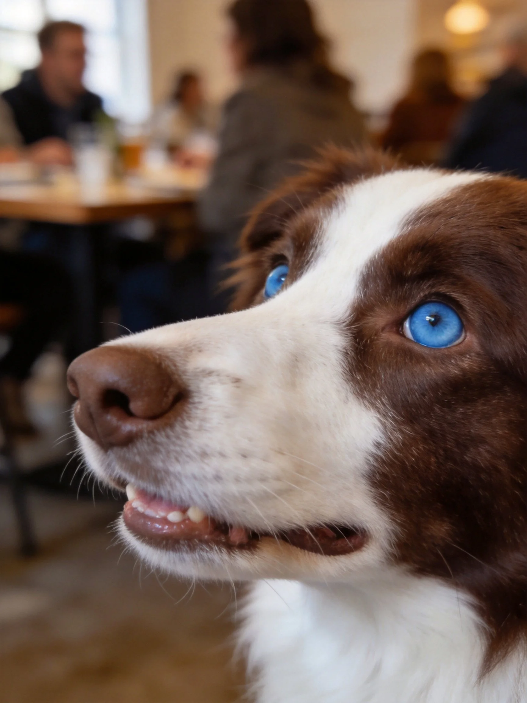 Close - up of a brown and white dog with blue eyes in a crowded restaurant setting.