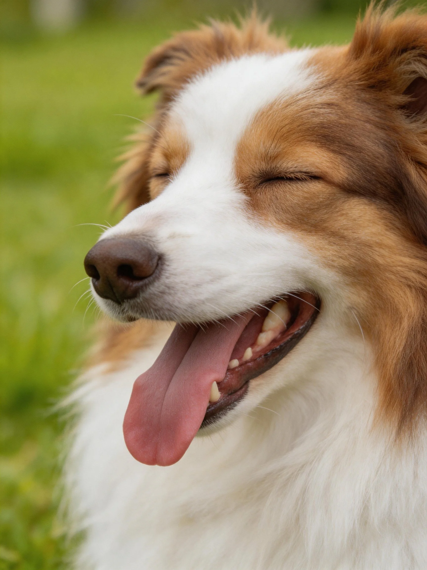 A brown and white dog relaxes outdoors with closed eyes and tongue out.