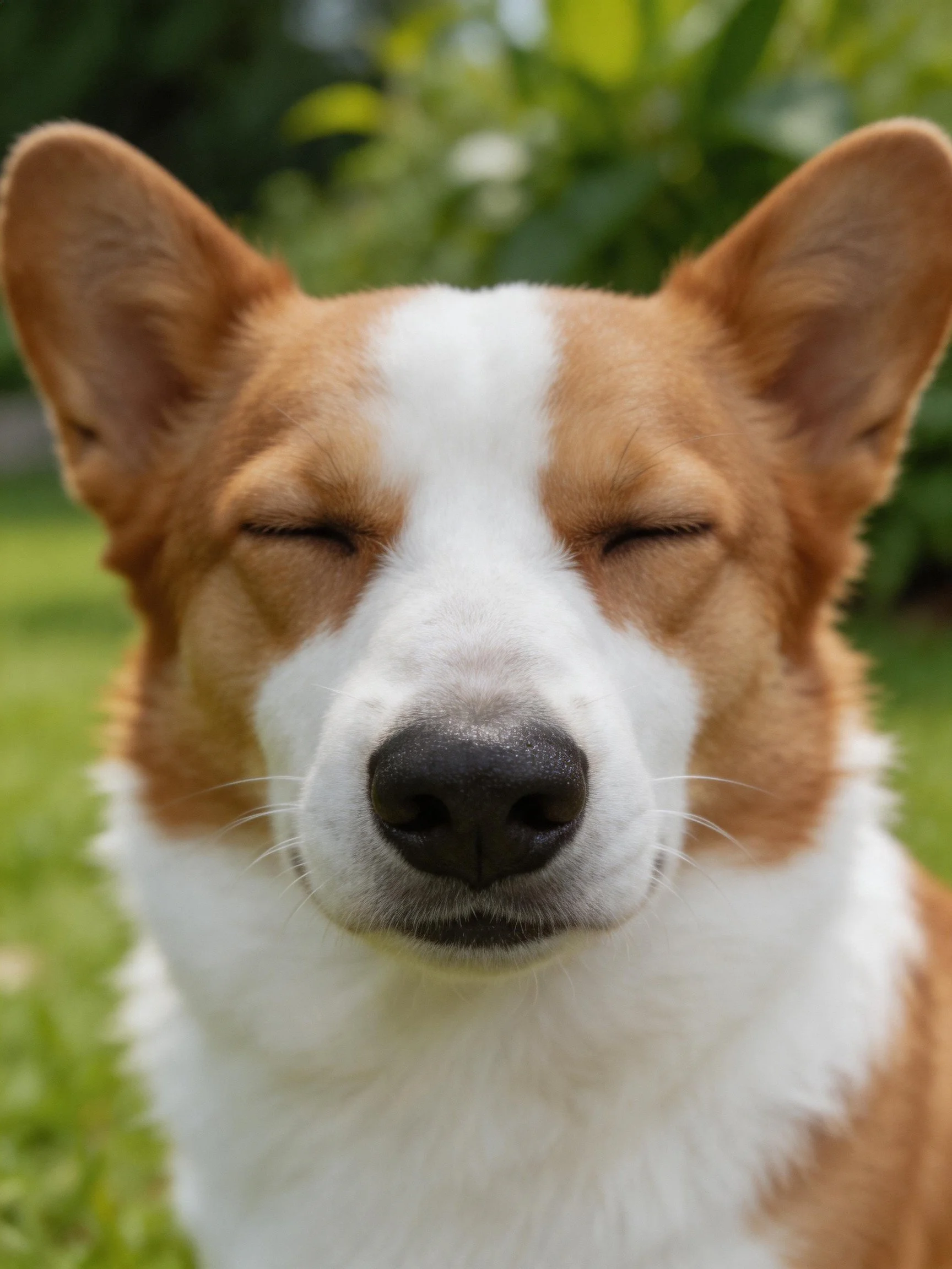 A brown and white dog relaxes with closed eyes in an outdoor setting.