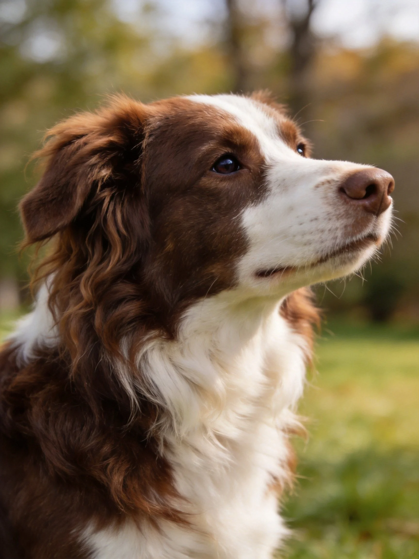 Brown and white dog with curly fur in a green outdoor setting
