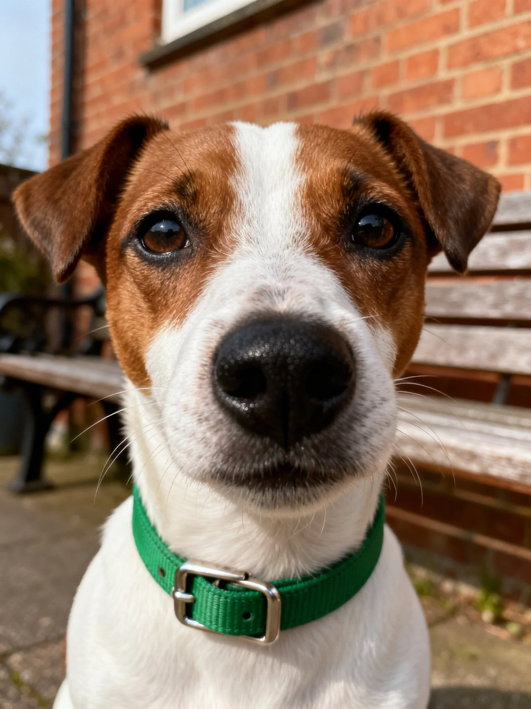 A brown and white dog with a green collar sits near a brick wall.