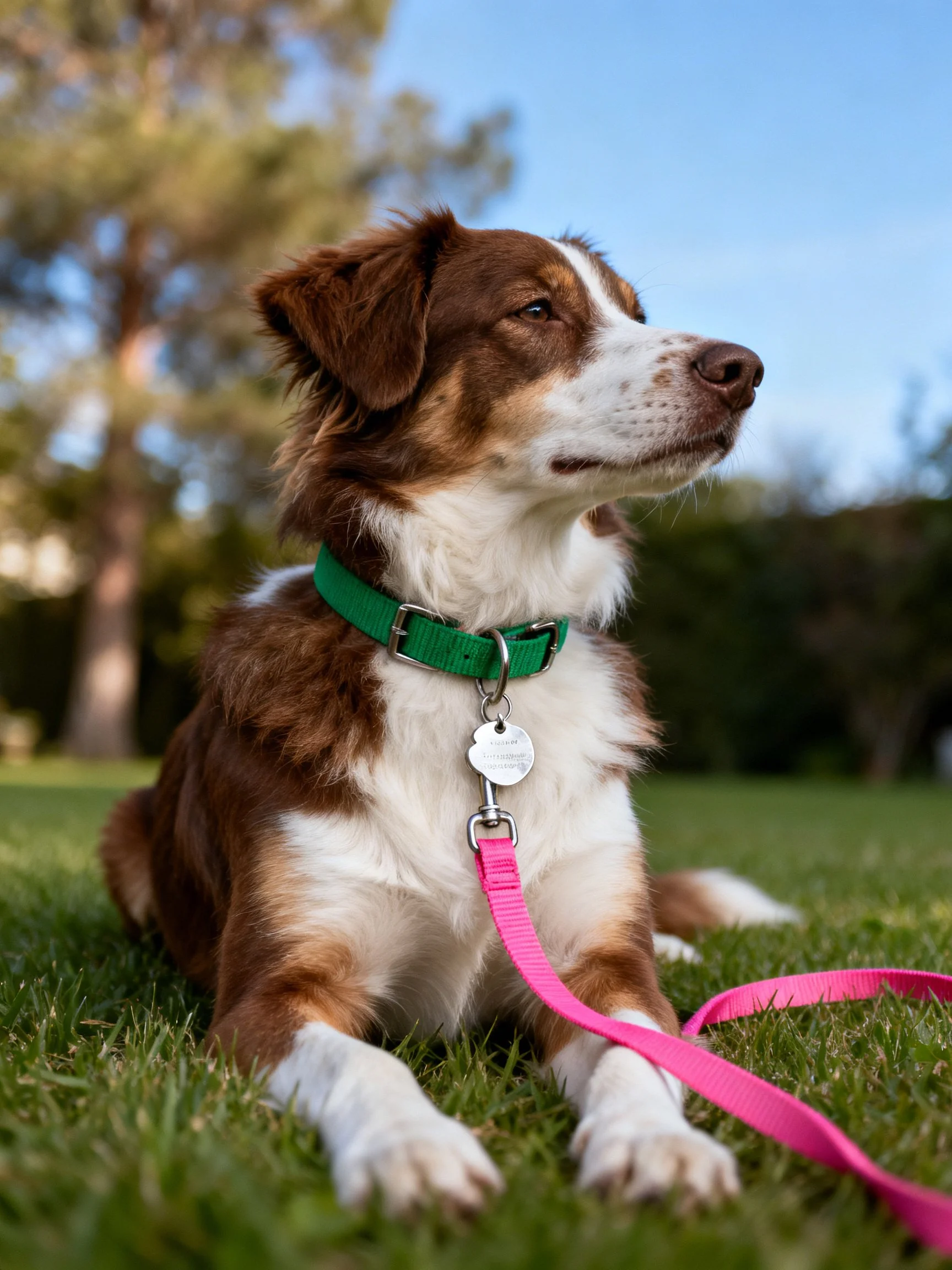 A brown and white dog rests on grass with a green collar and pink leash.