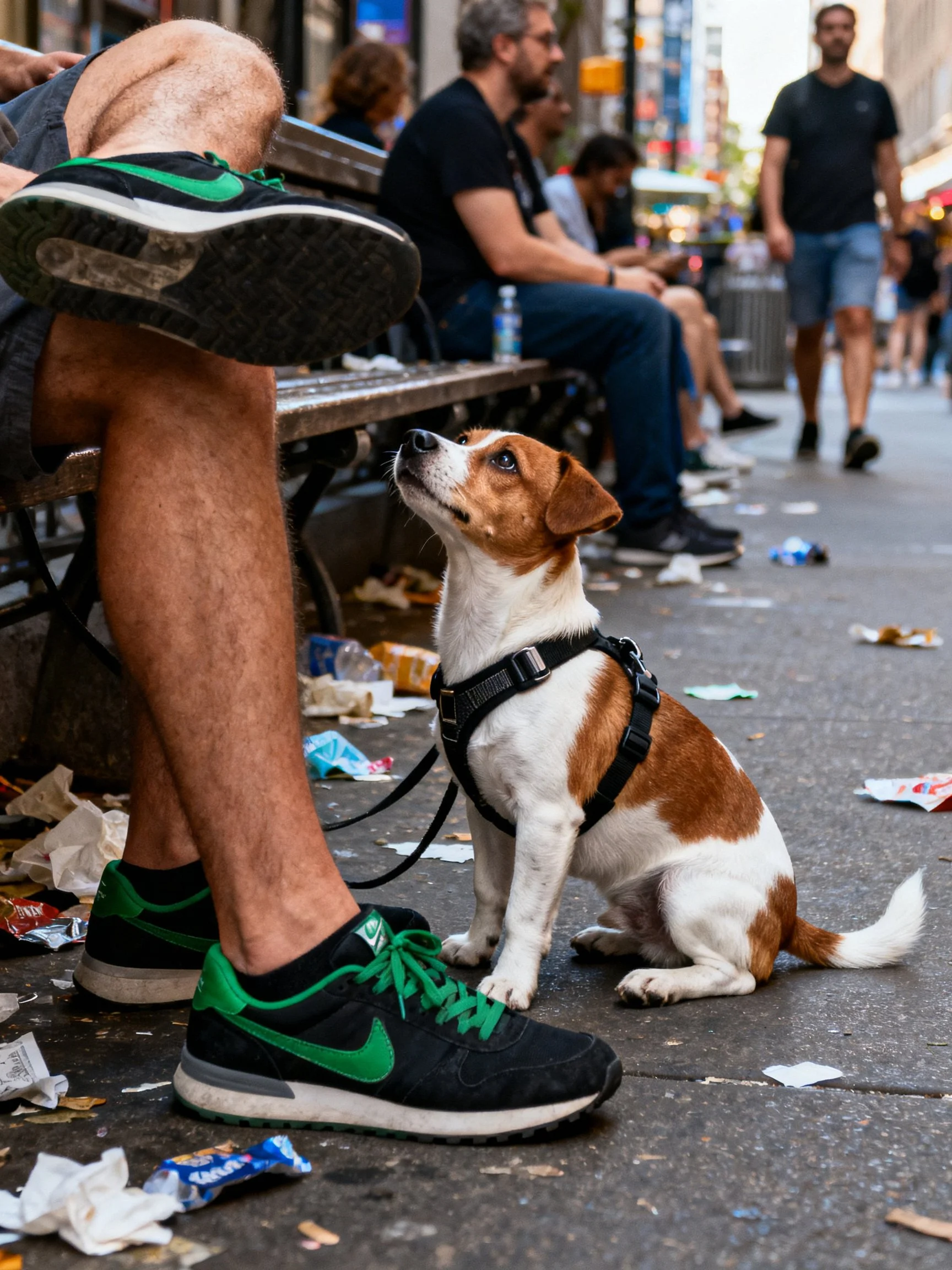 Small dog with harness sits near sneakers on a littered city street.