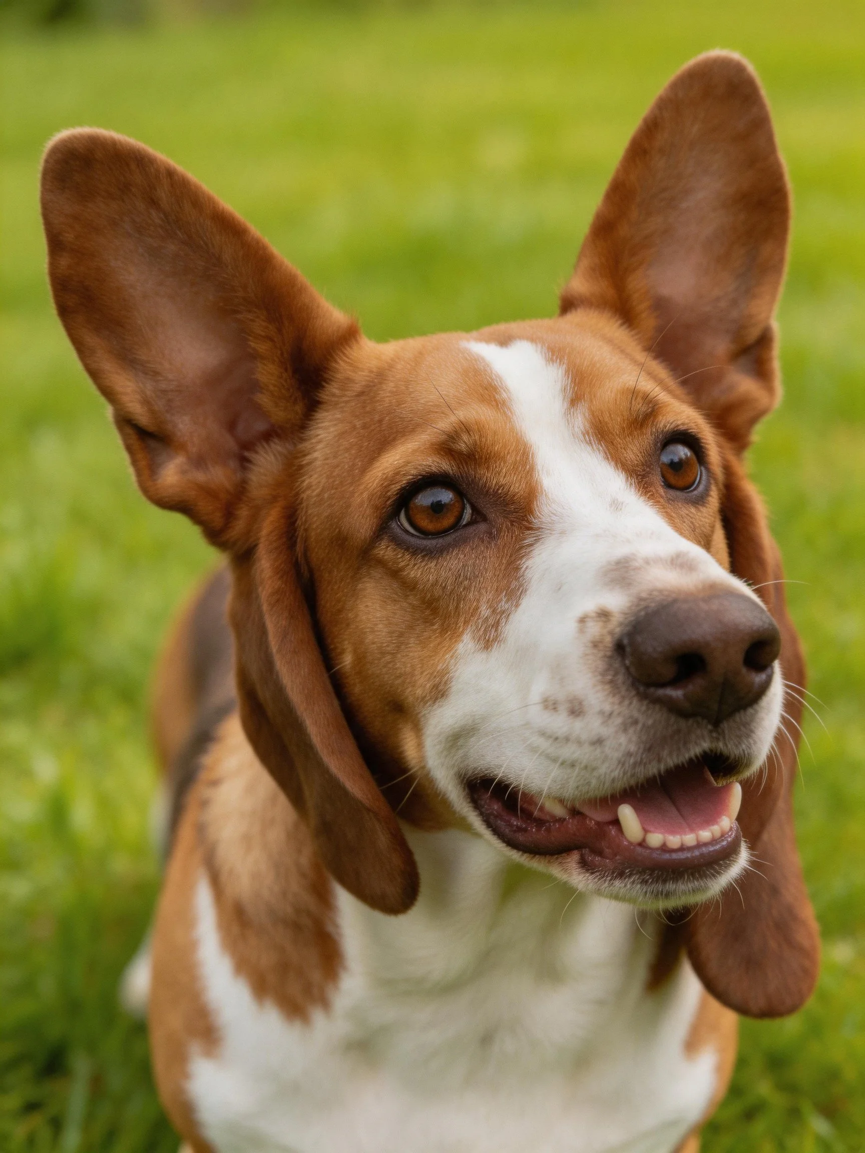 A brown and white dog with large ears stands on green grass.