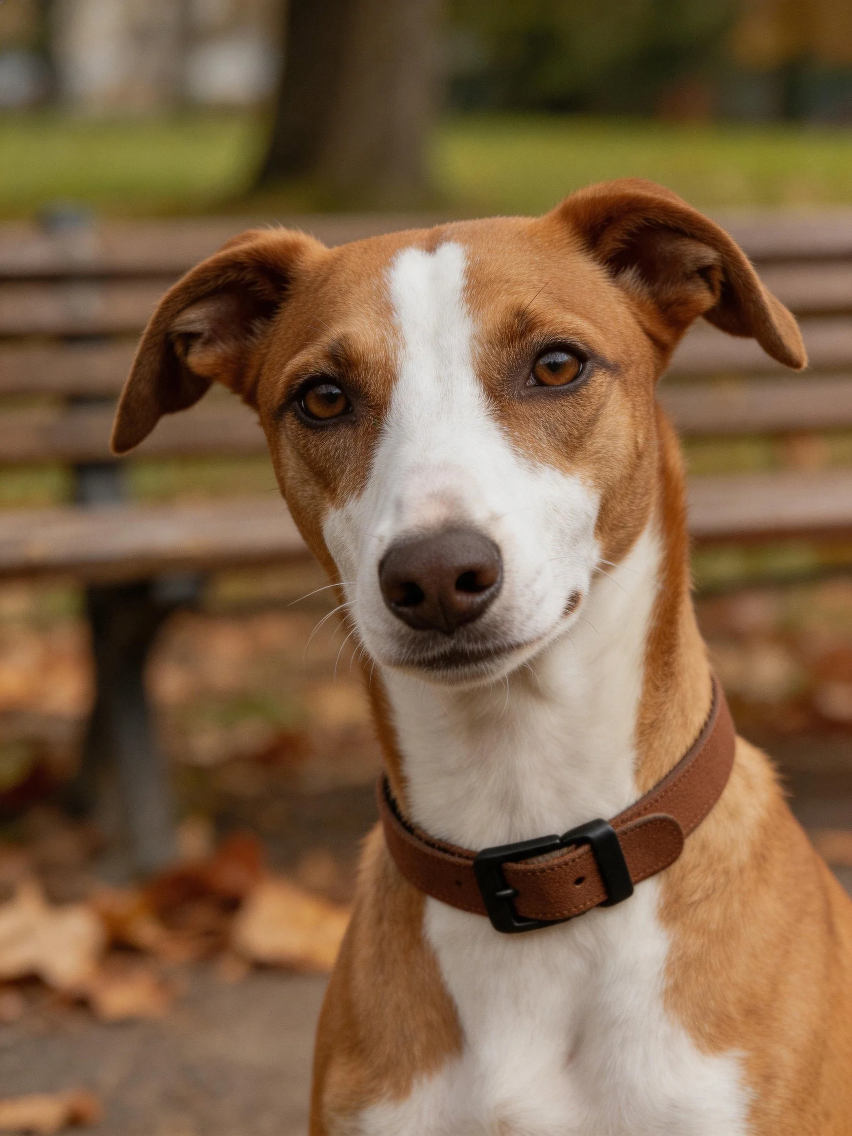 Brown and white dog with leather collar in autumn park