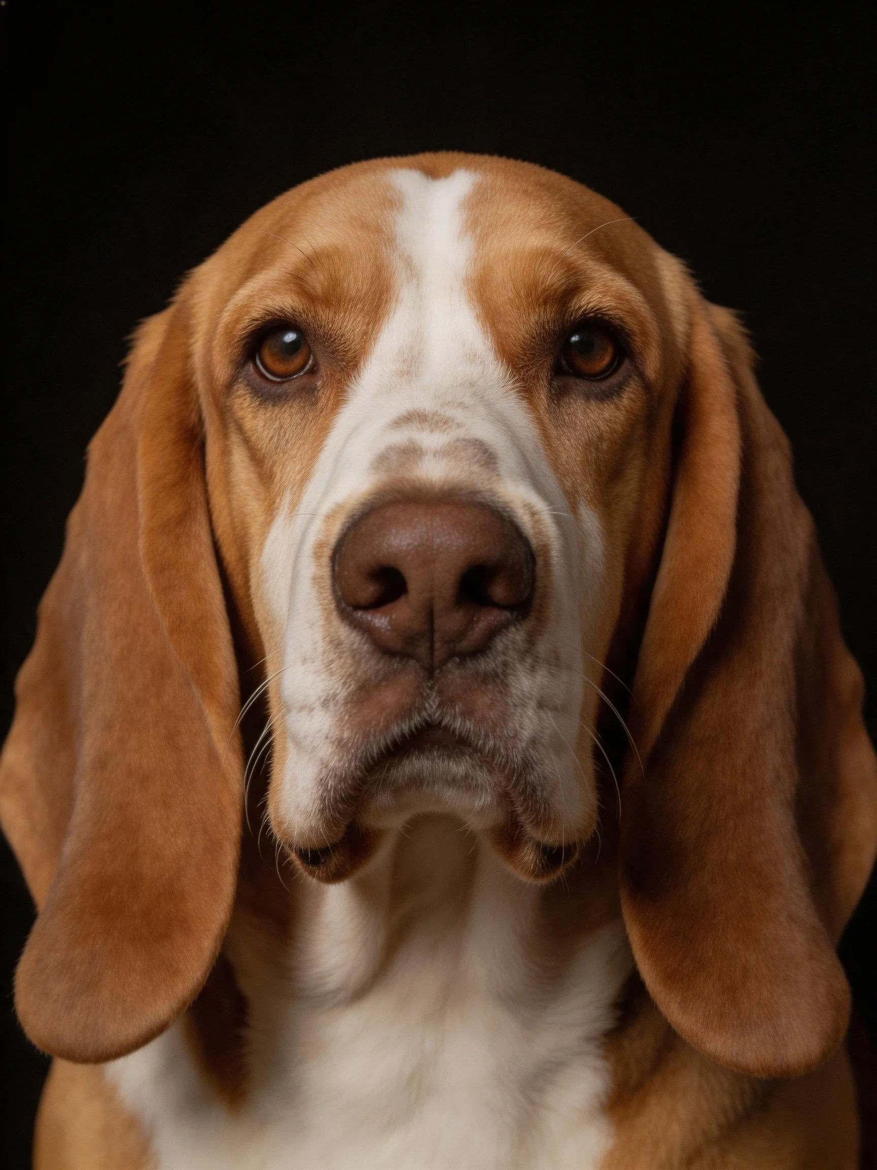 A close - up studio portrait of a brown and white dog with long ears.