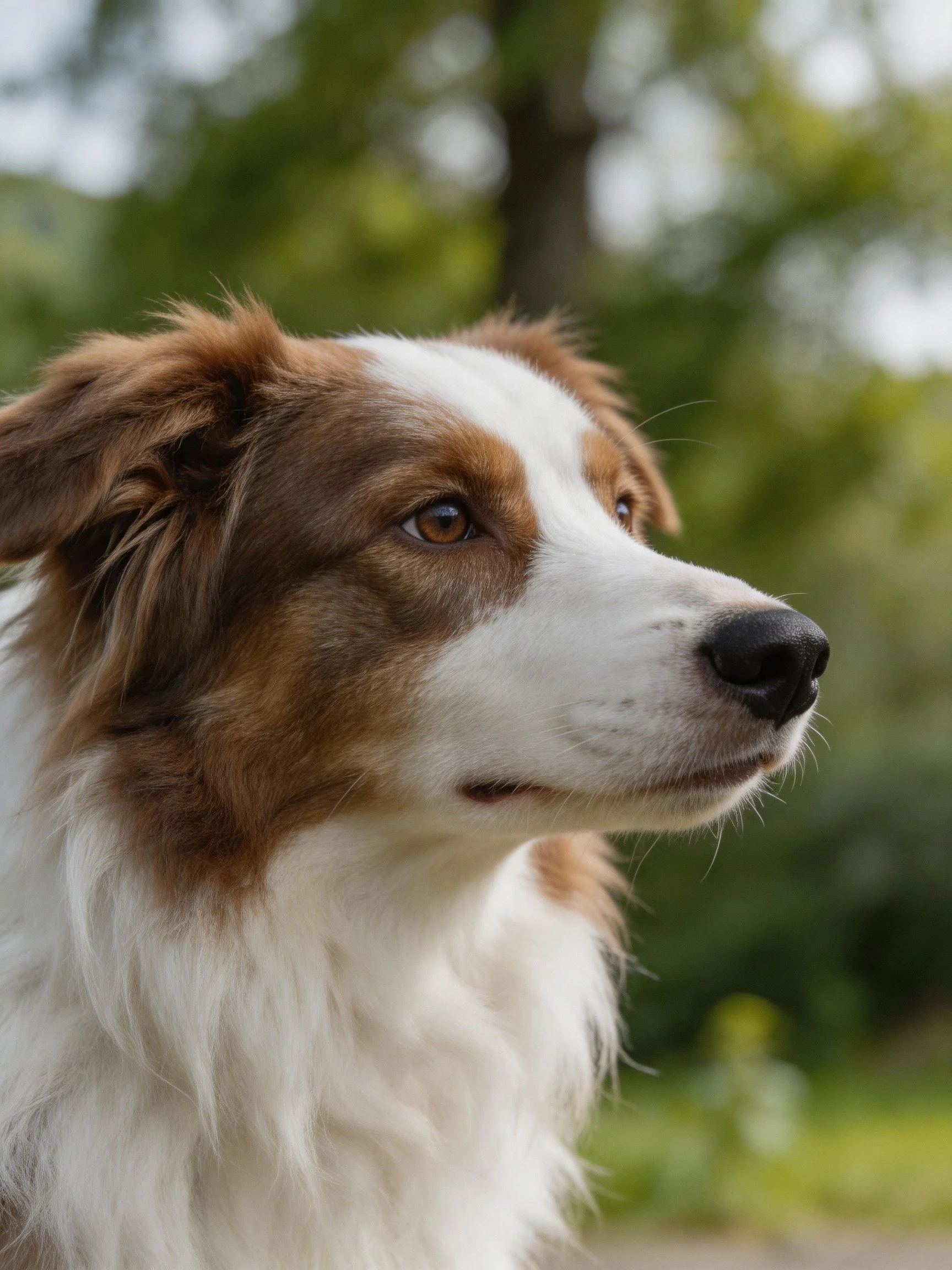 A brown and white dog with long fur looks attentively outdoors.