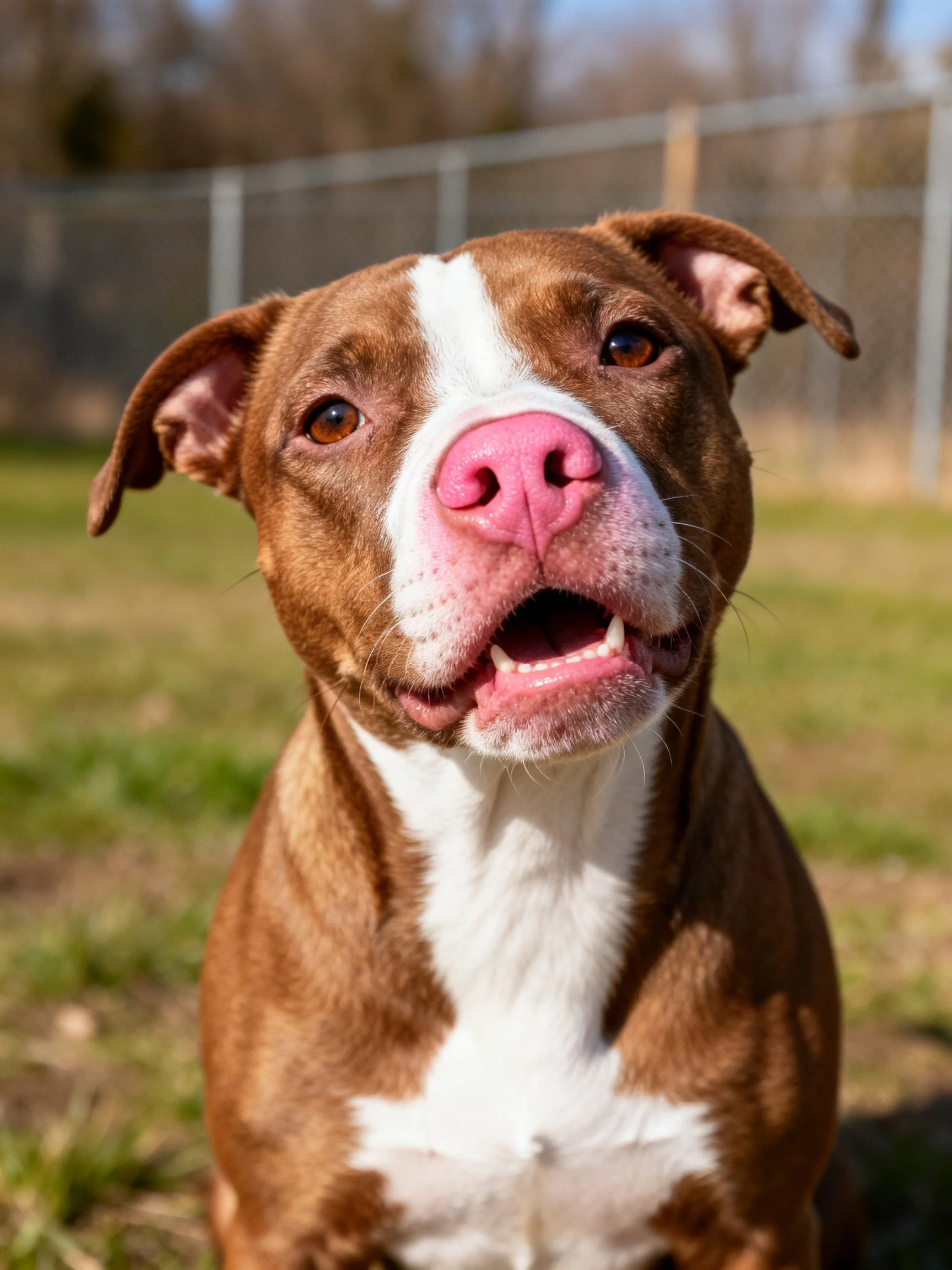 A brown and white dog with a pink nose is outdoors.