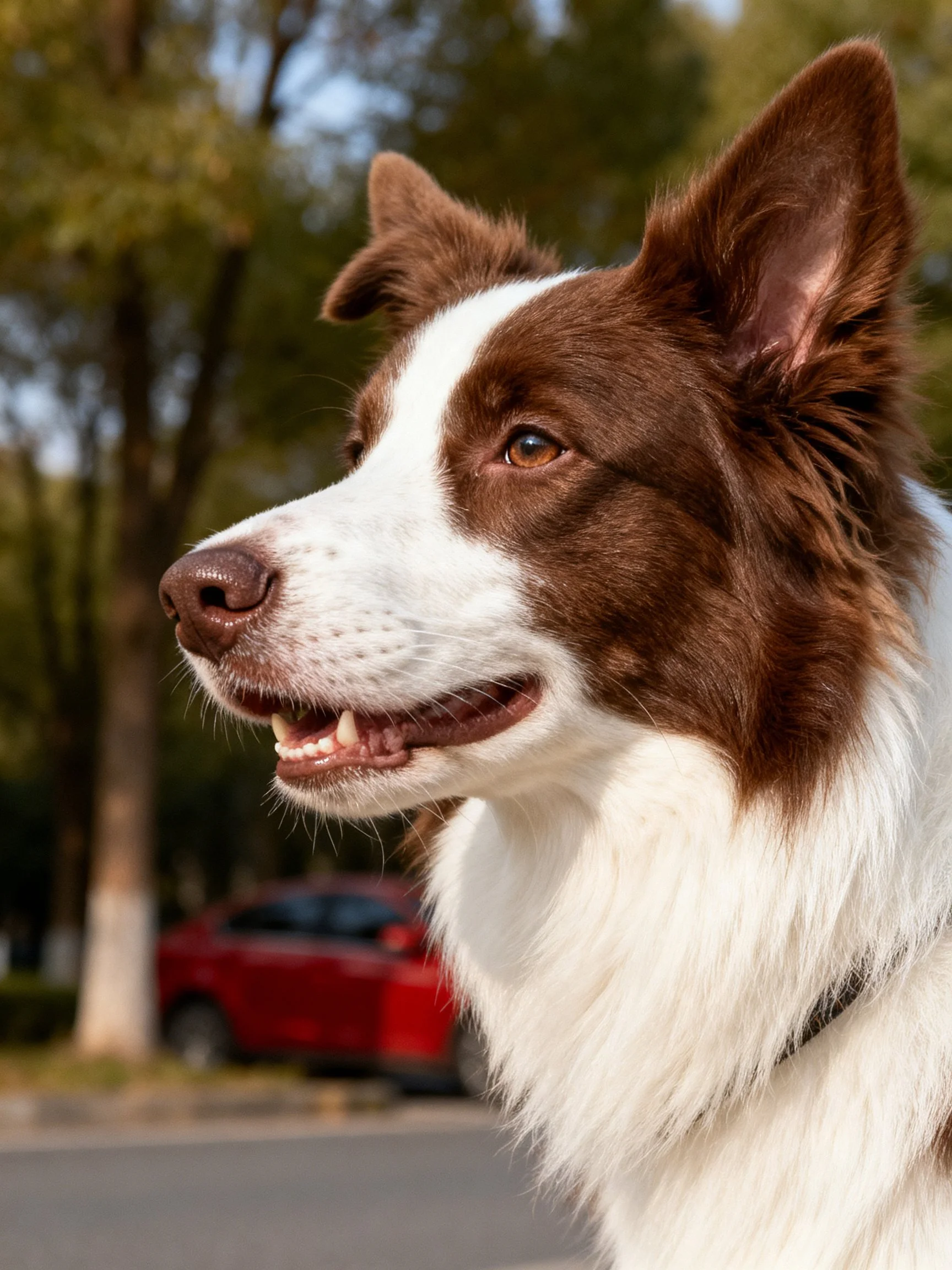 Brown and white dog with pointed ears near trees and red car