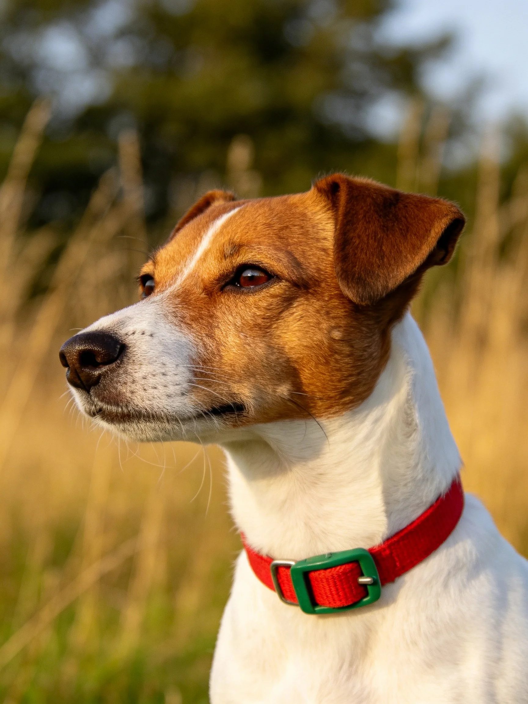 A brown and white dog with a red collar stands attentively in a sunlit outdoor space.