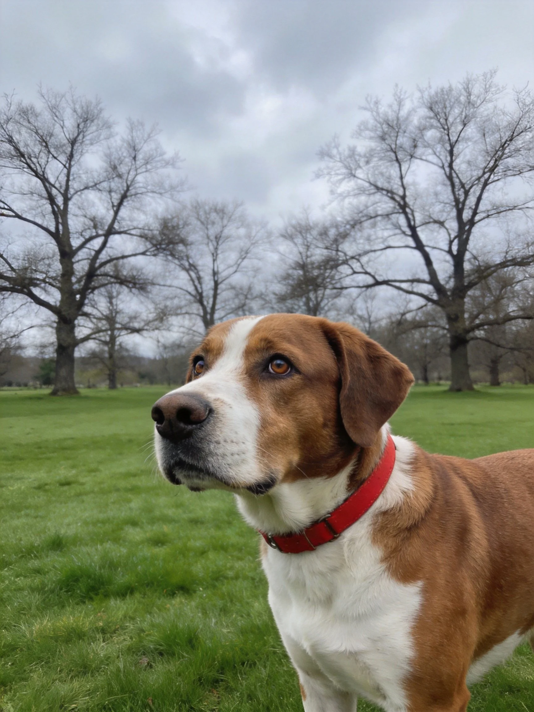 A brown and white dog with a red collar stands in a grassy park with leafless trees.