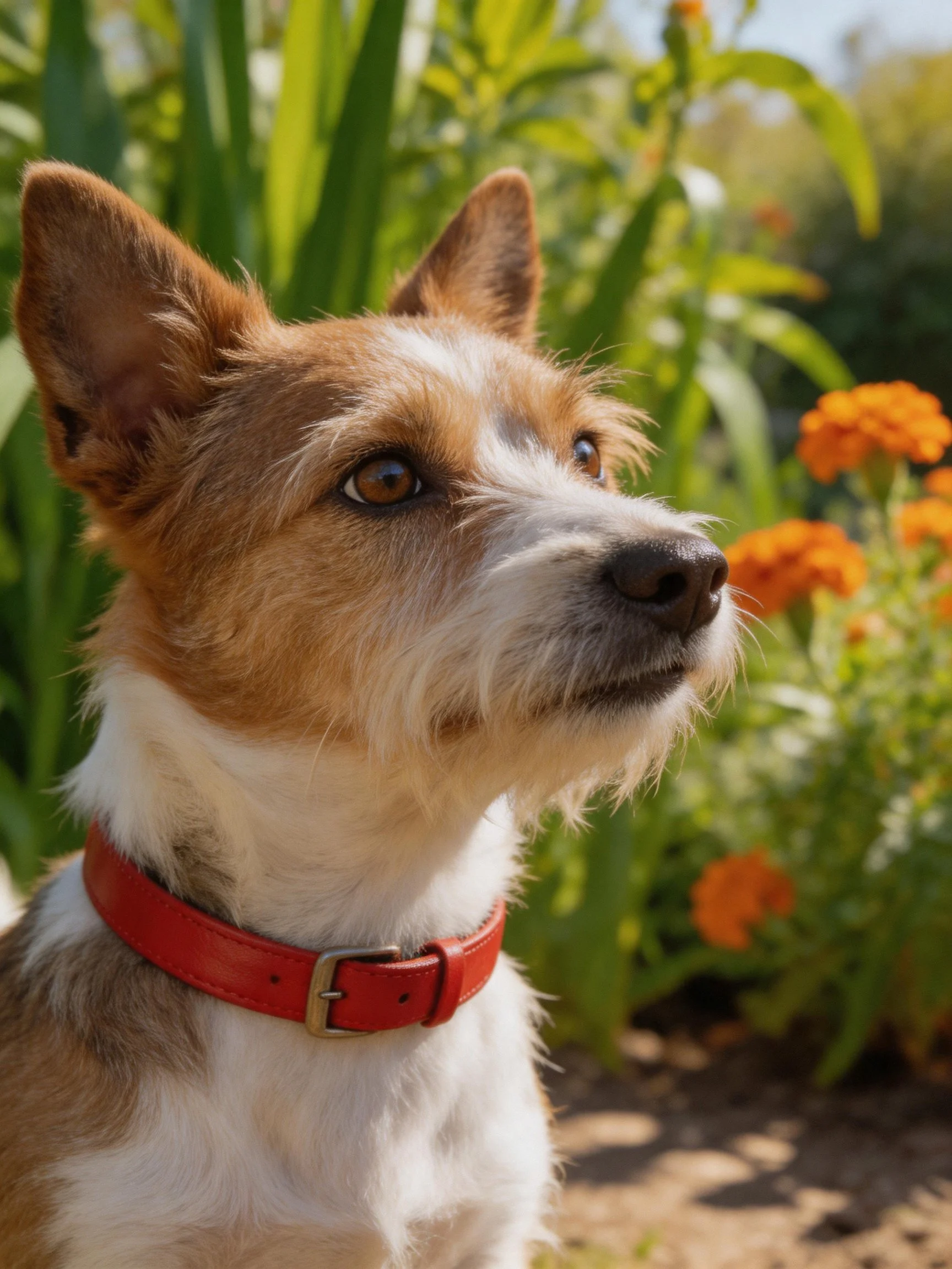 A small dog with a red collar is surrounded by flowers and greenery.