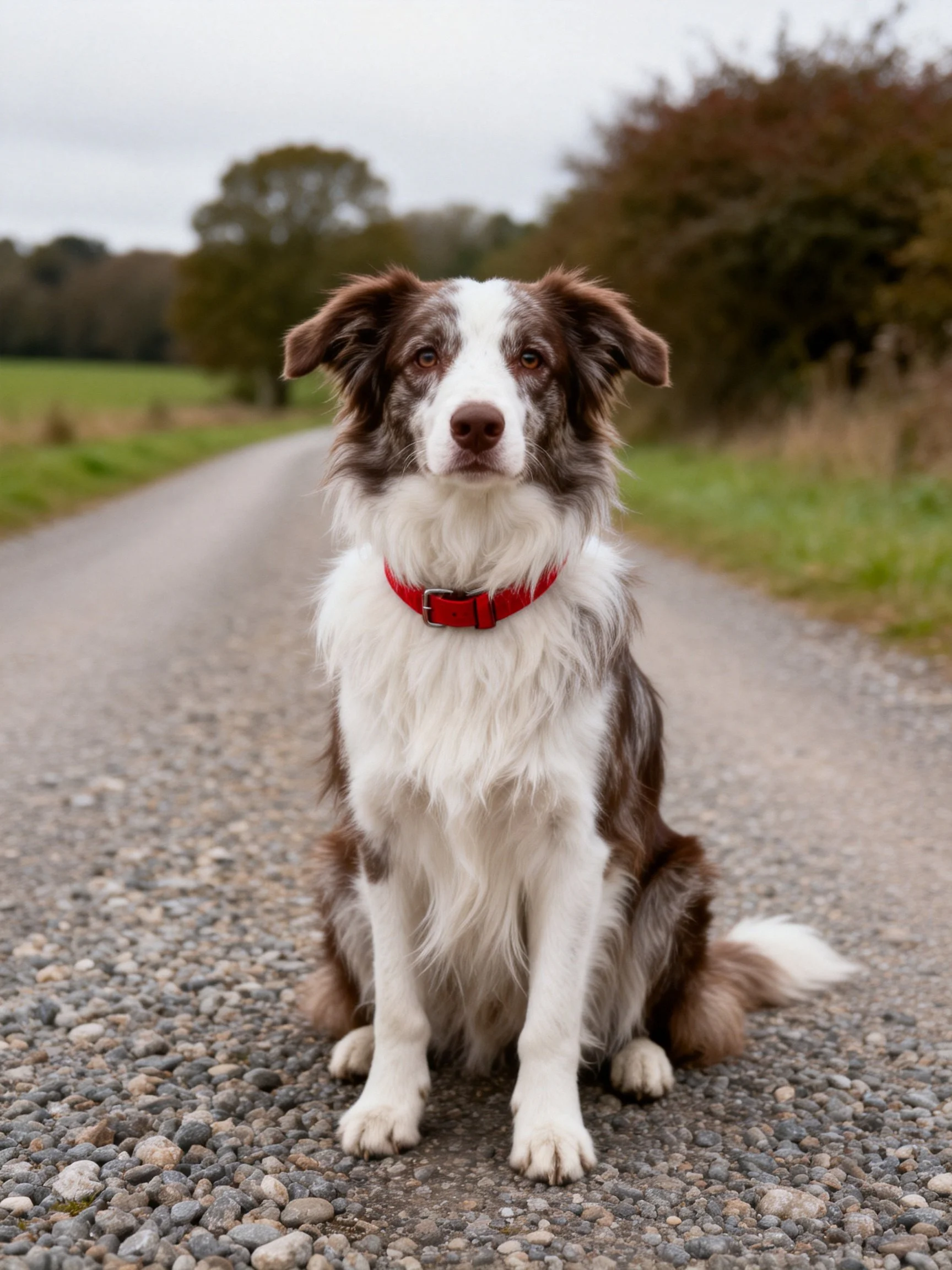 A brown and white dog wearing a red collar sits on a gravel road.