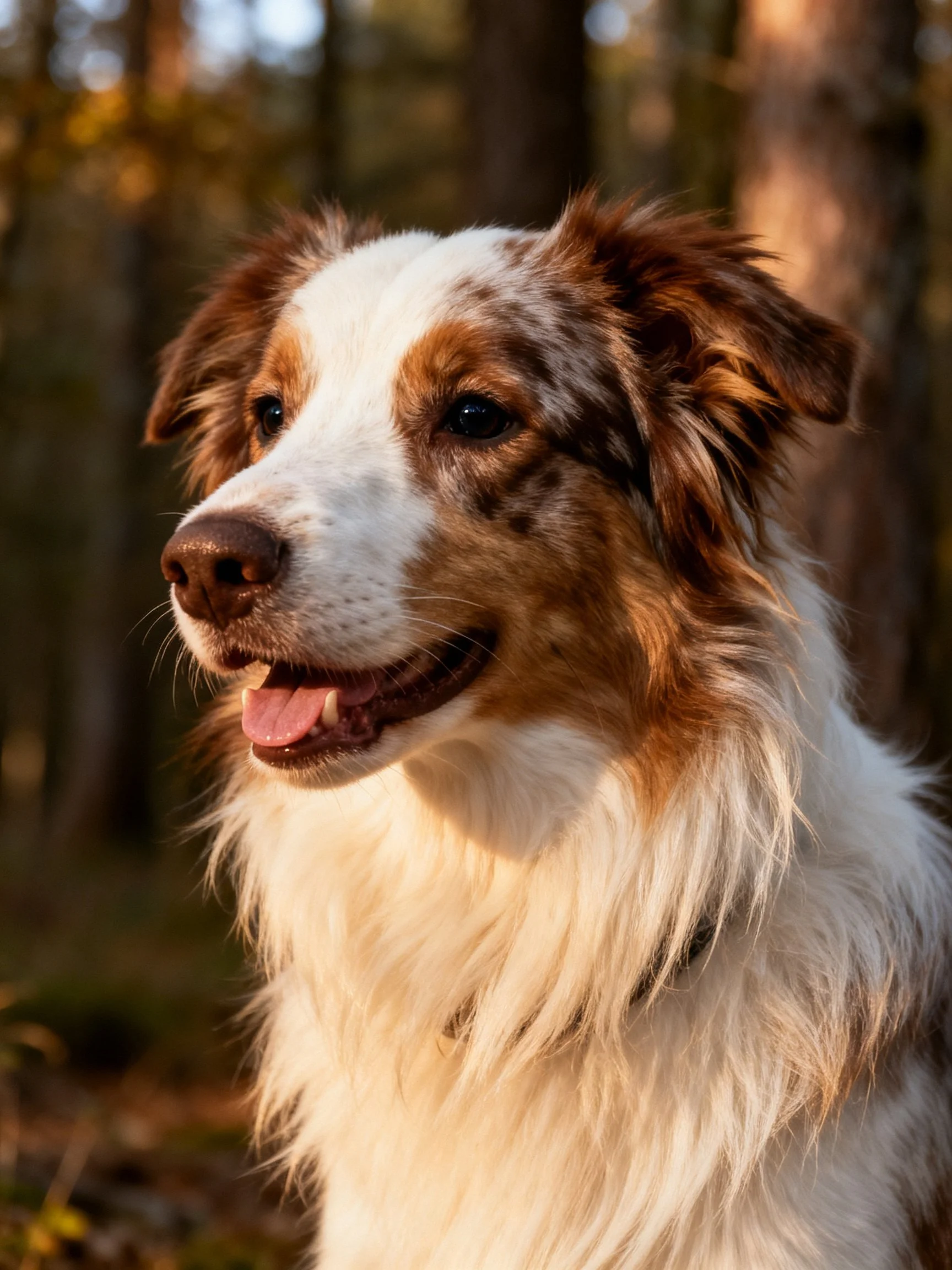 Brown and white dog with shaggy fur in a sun-dappled forest