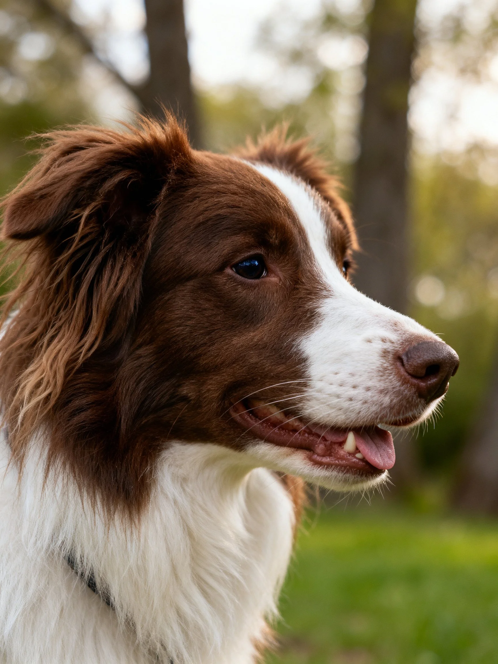Brown and white dog with shaggy fur in a wooded area