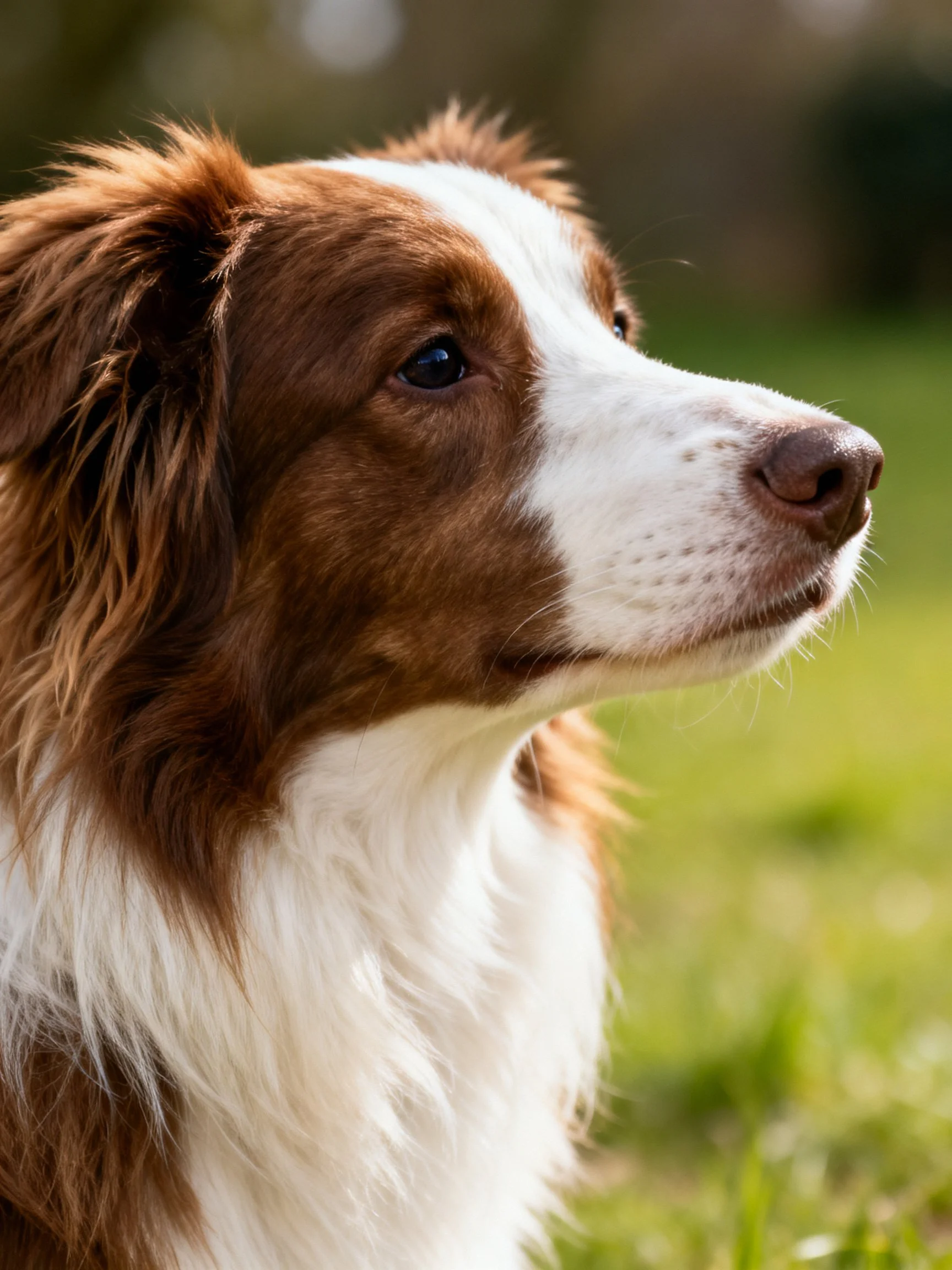 A brown and white dog gazes attentively in a sunlit outdoor setting.