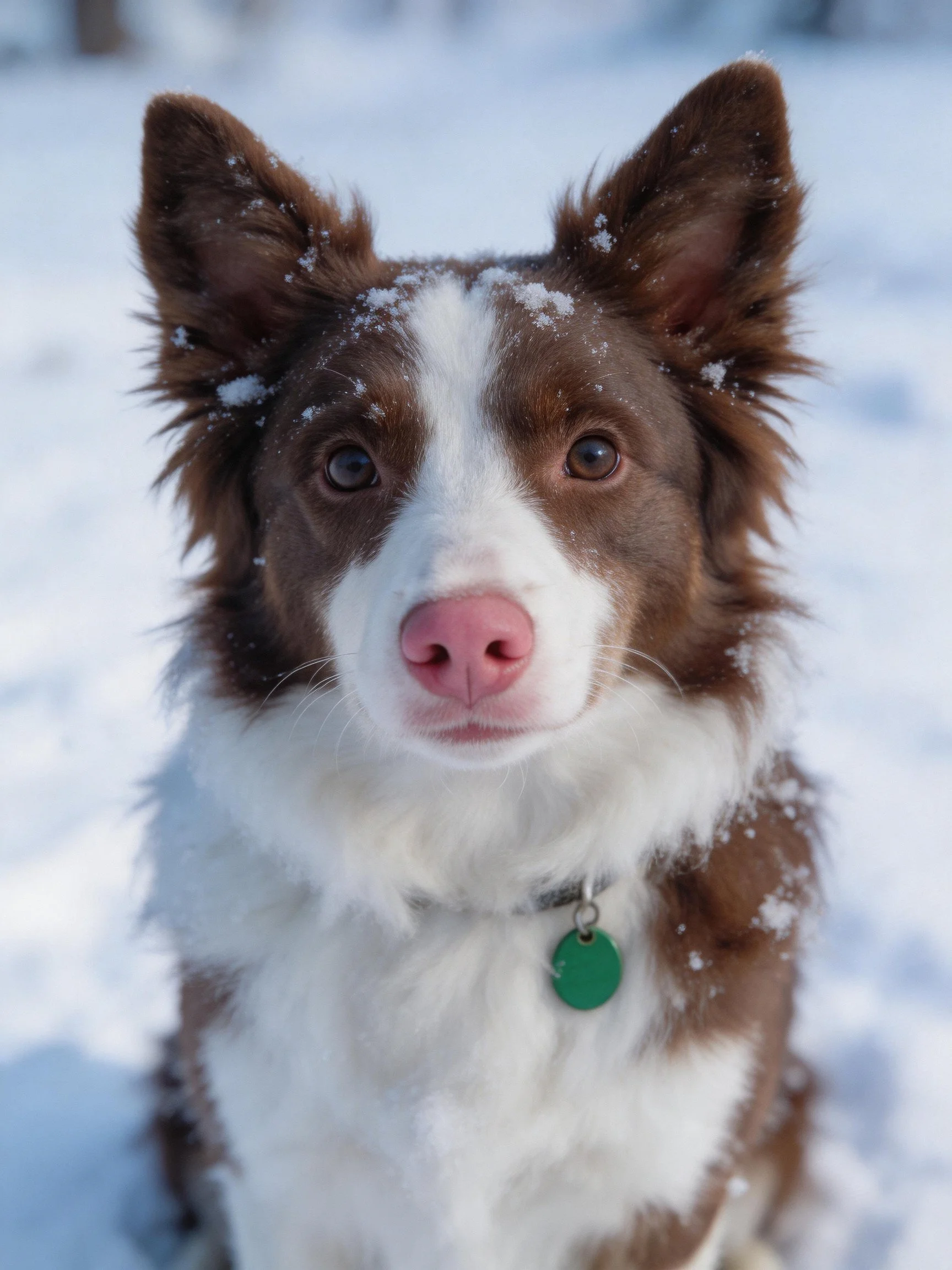 Brown and white dog with snow patches in a snowy environment