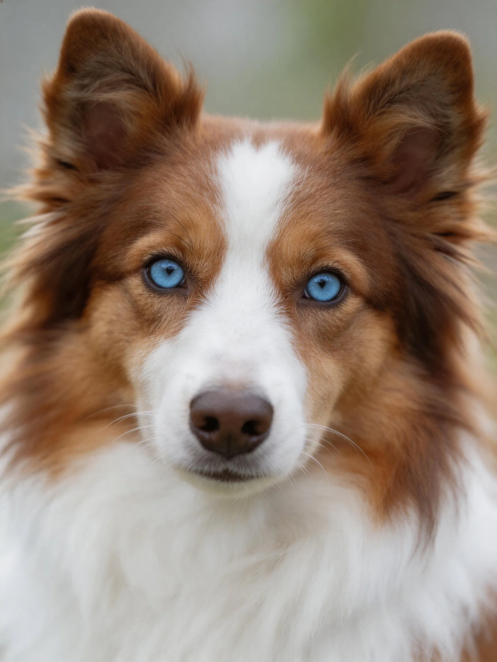Brown and white dog with striking blue eyes
