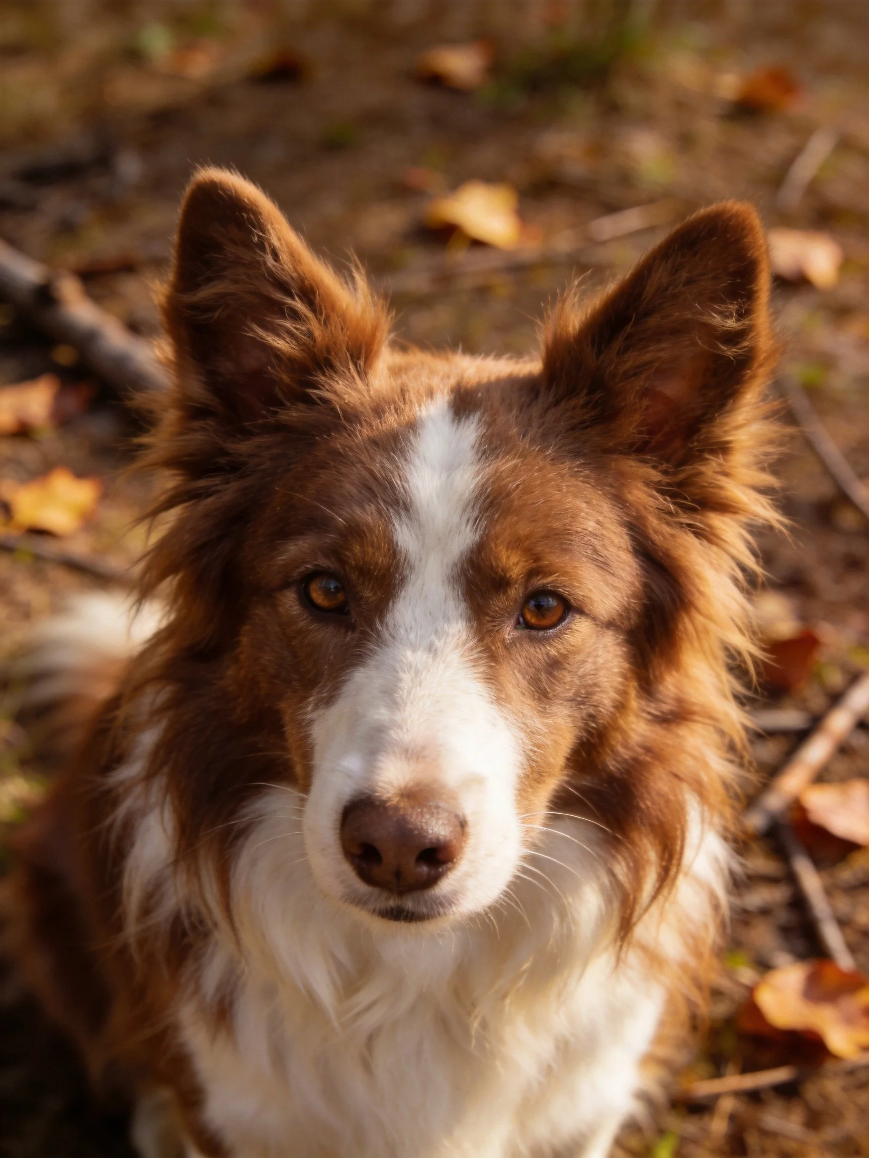 A brown and white dog stands attentively among fallen autumn leaves.
