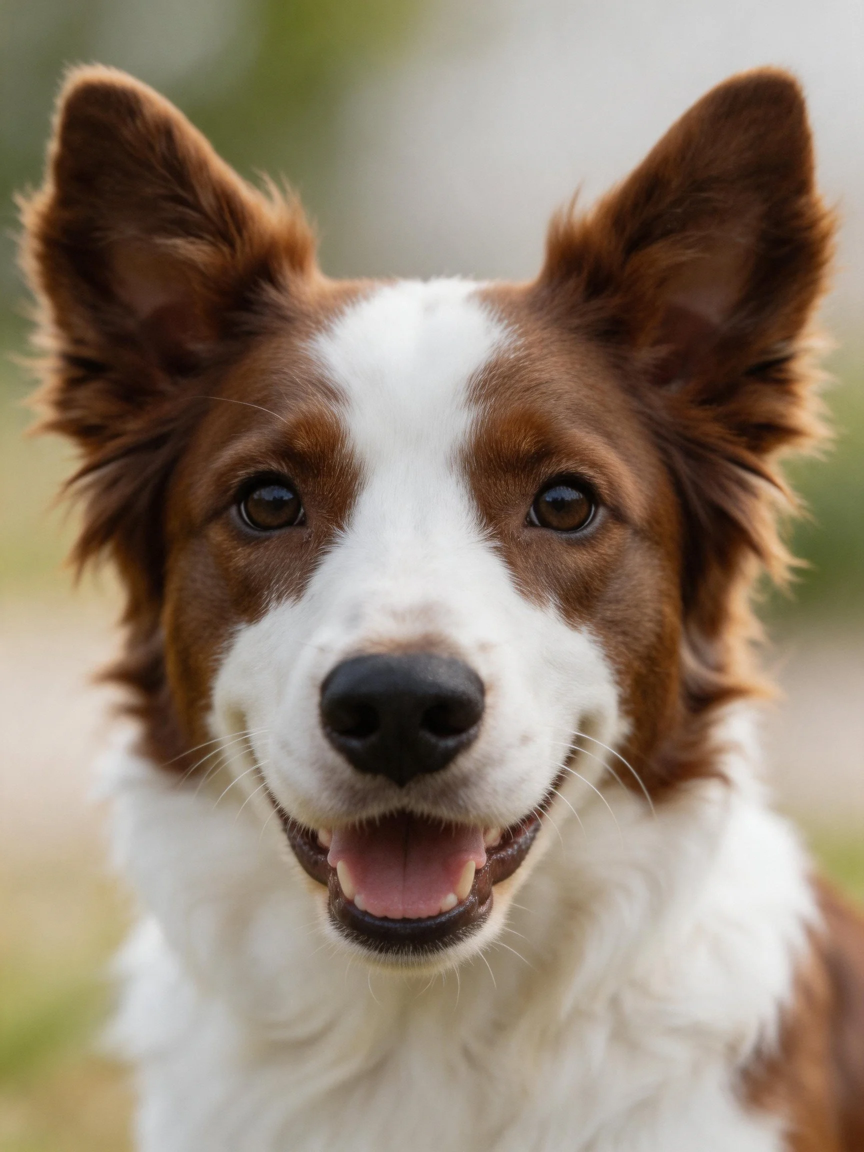 Brown and white dog with upright ears and cheerful expression