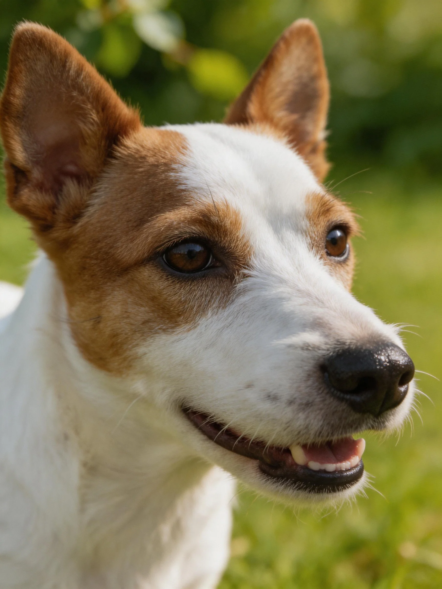 Brown and white dog with upright ears in a green outdoor setting