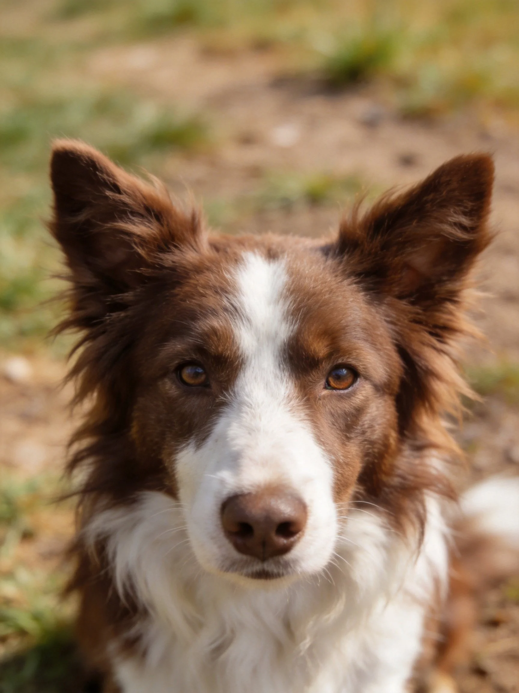 Brown and white dog with upright ears in an outdoor environment