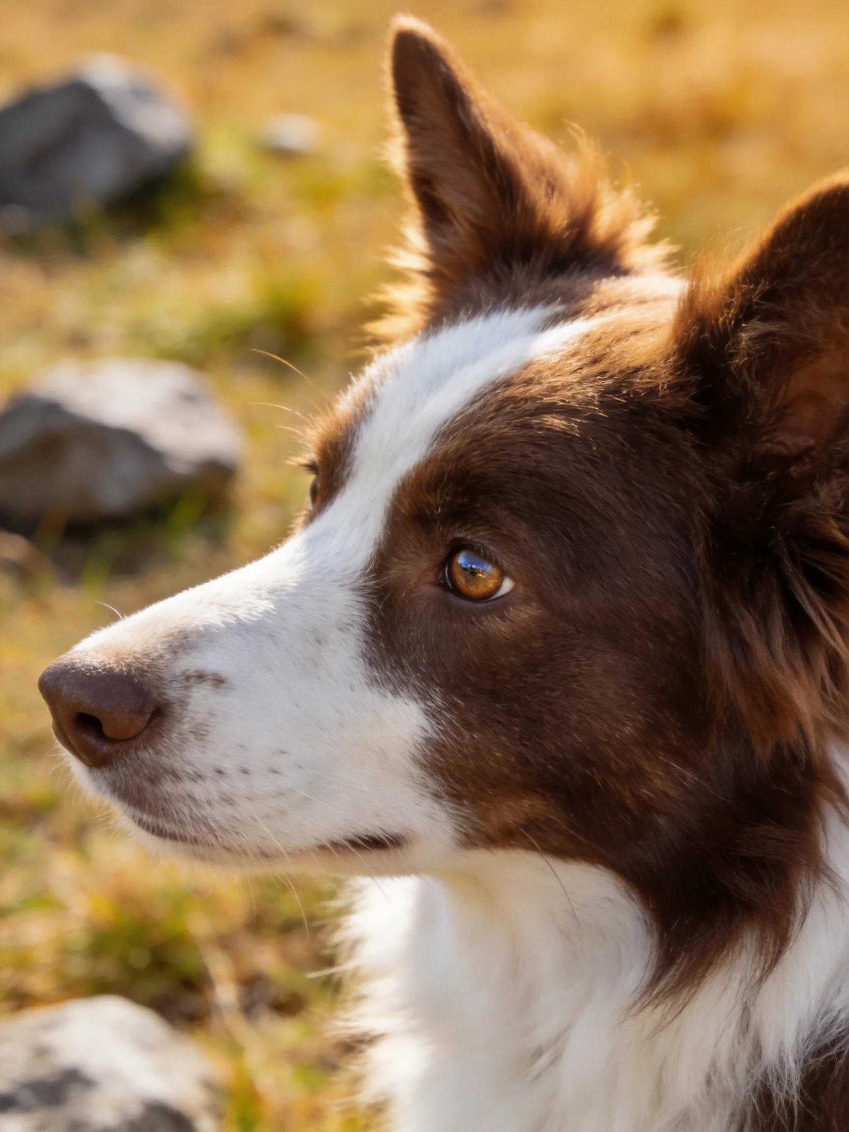 Brown and white dog with upright ears near rocks and grass