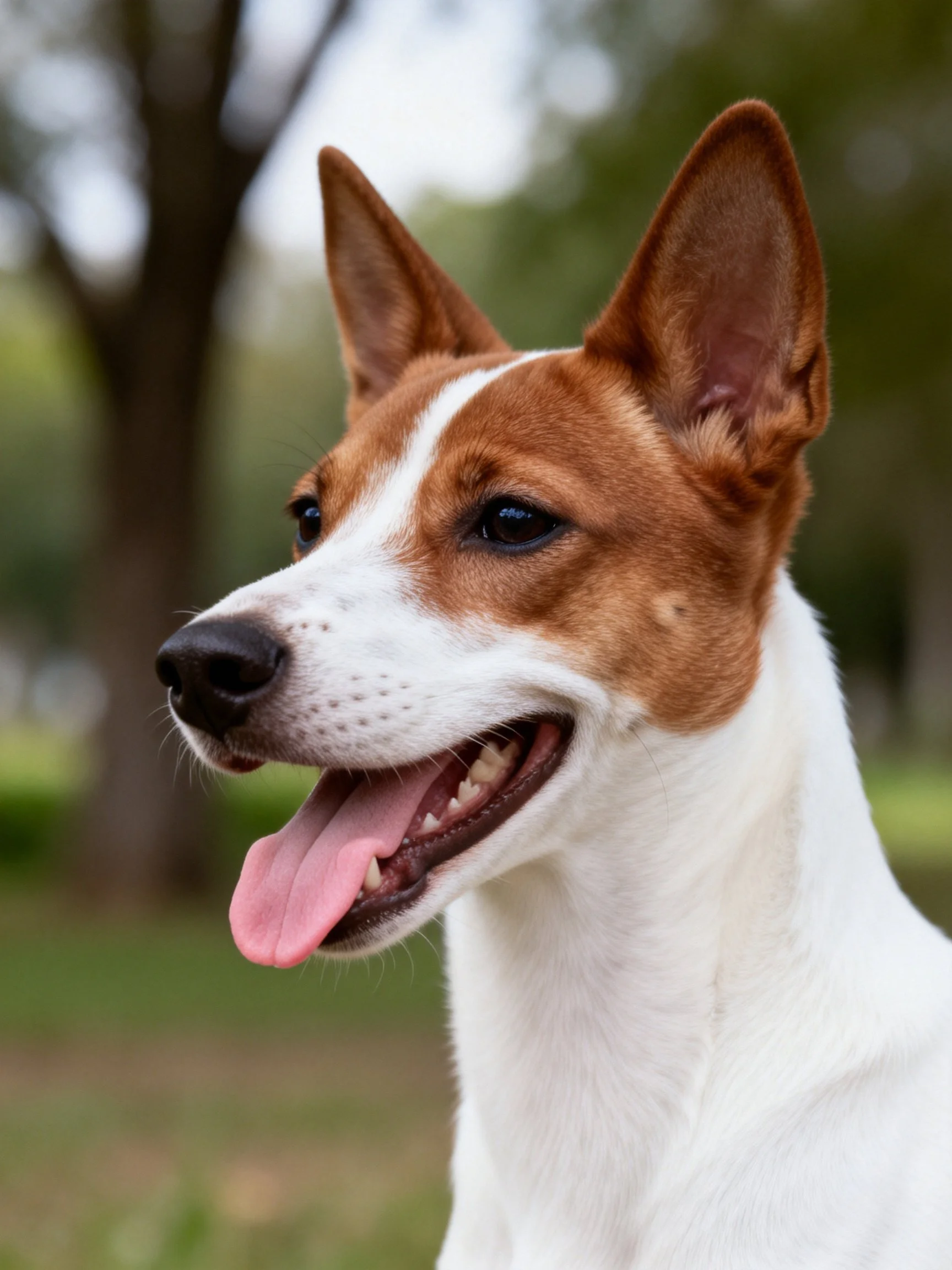 A brown and white dog pants joyfully in an outdoor area.