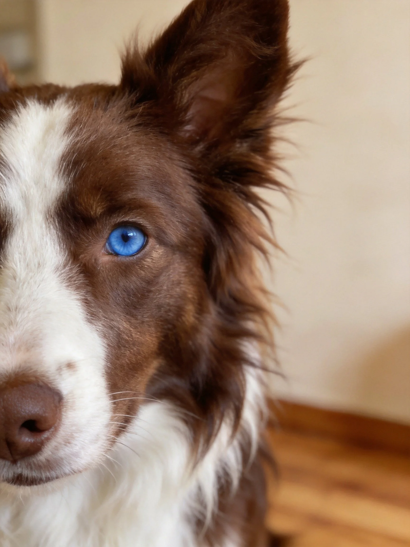 Close-up of a brown and white dog with a bright blue eye.