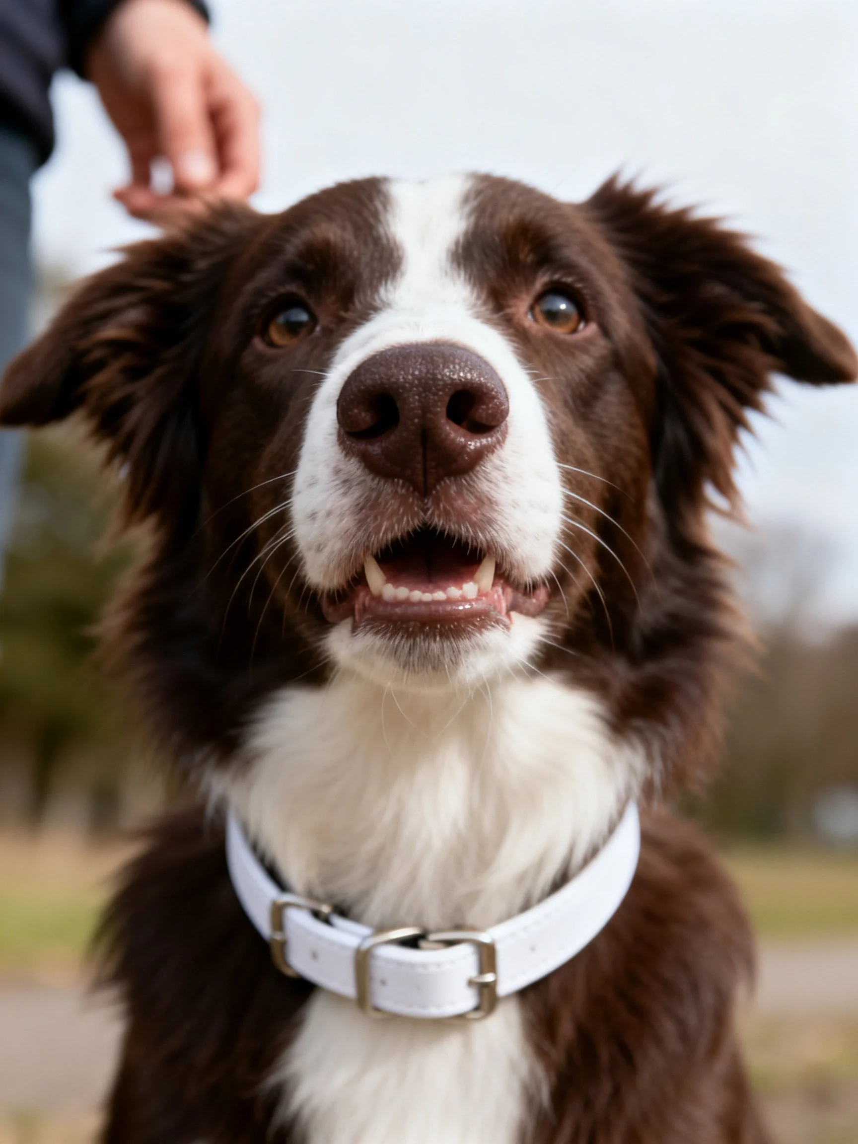 Brown and white dog with white collar in an outdoor setting