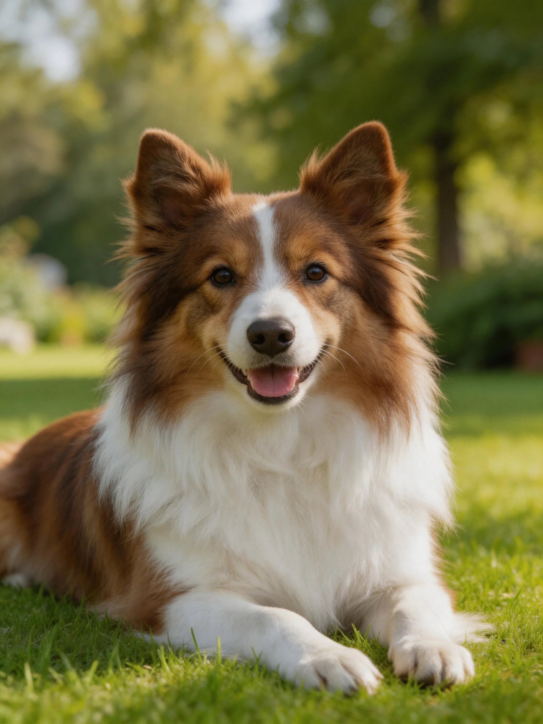 A brown and white dog relaxes on green grass in a sunlit outdoor area.