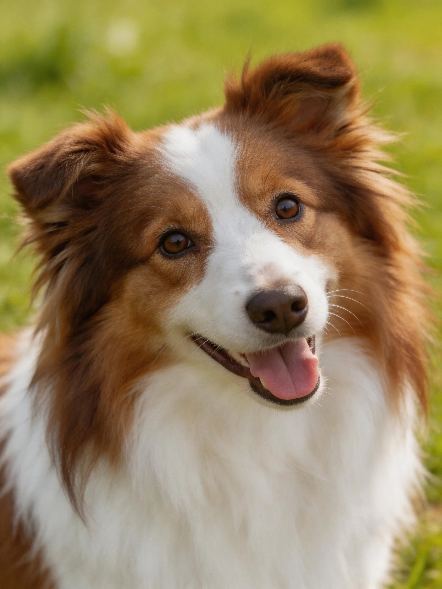 A brown and white fluffy dog appears cheerful while standing outside.