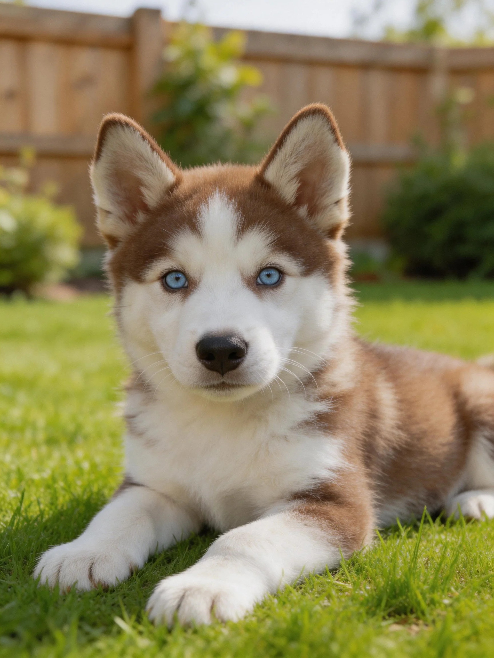 Brown and white husky puppy rests on lush green grass