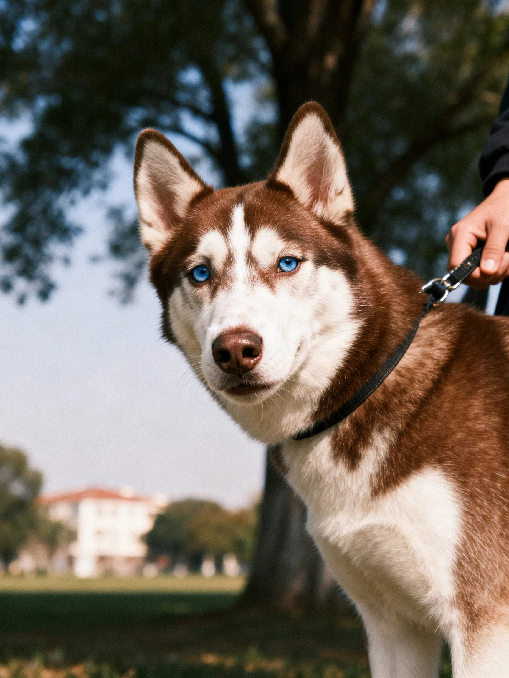 Brown and white husky with blue eyes on a leash in a park