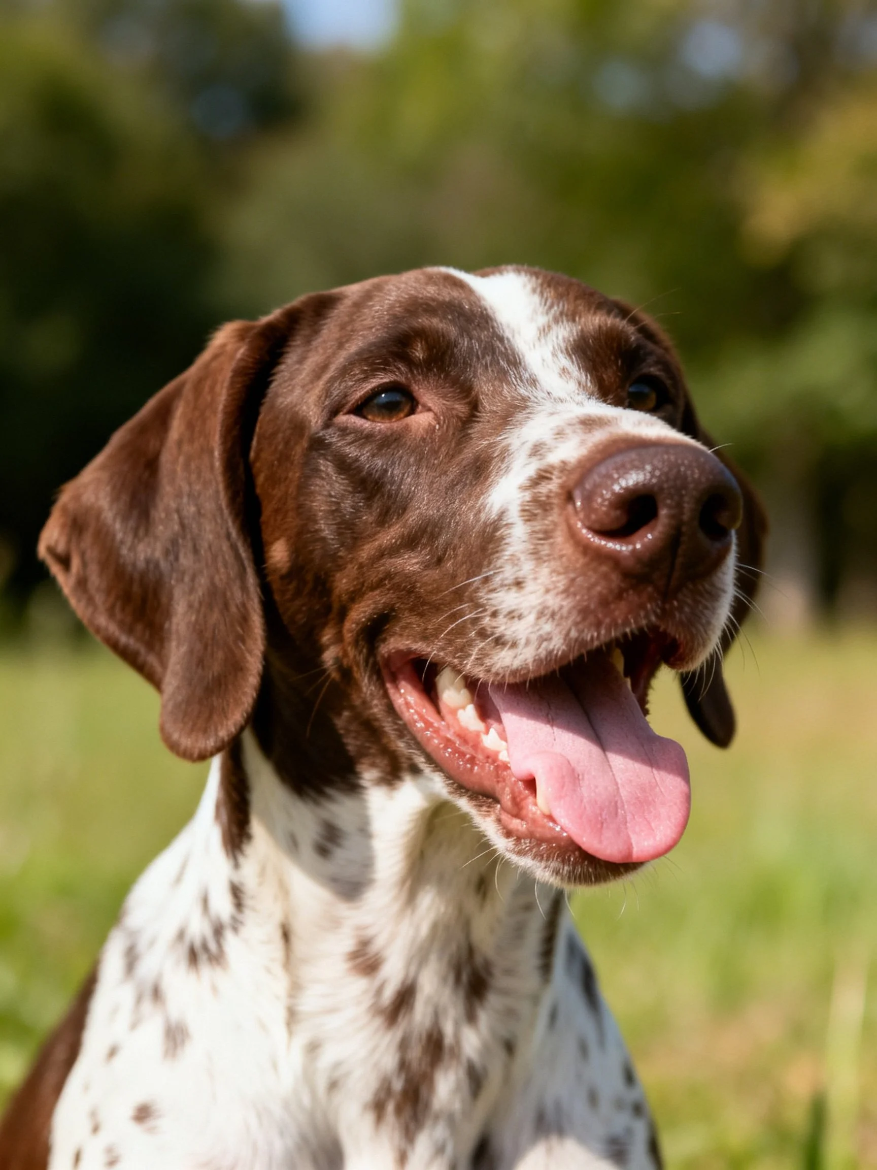 Brown and white pointer dog panting in sunny field