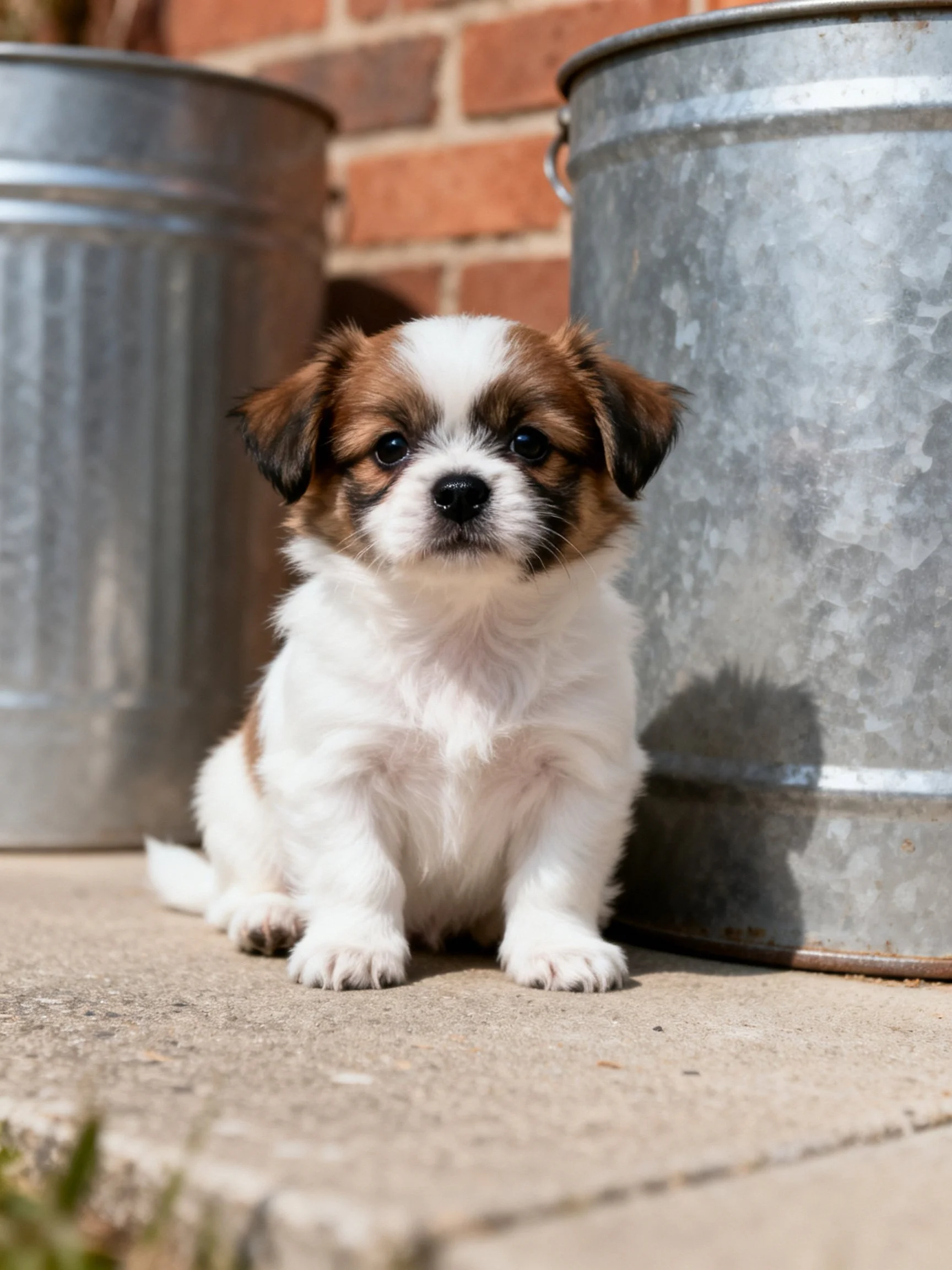 A small brown and white puppy sits beside galvanized containers with a brick wall backdrop.
