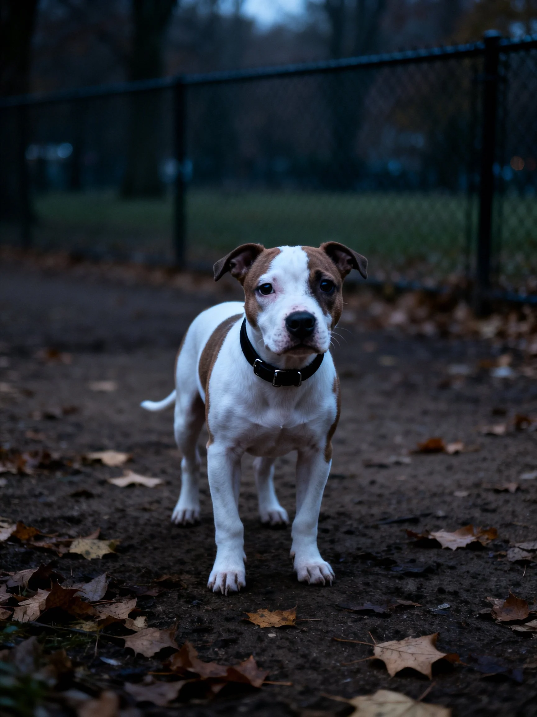 Brown and white puppy on leaf-covered - covered path by dark fence