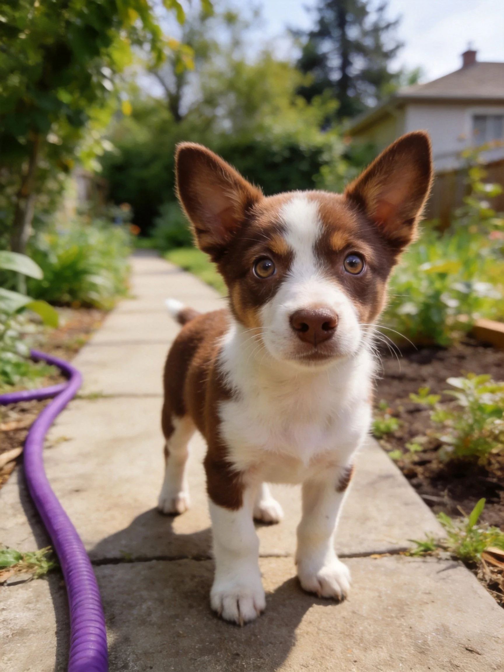 A brown and white puppy stands on a stone path in a garden.