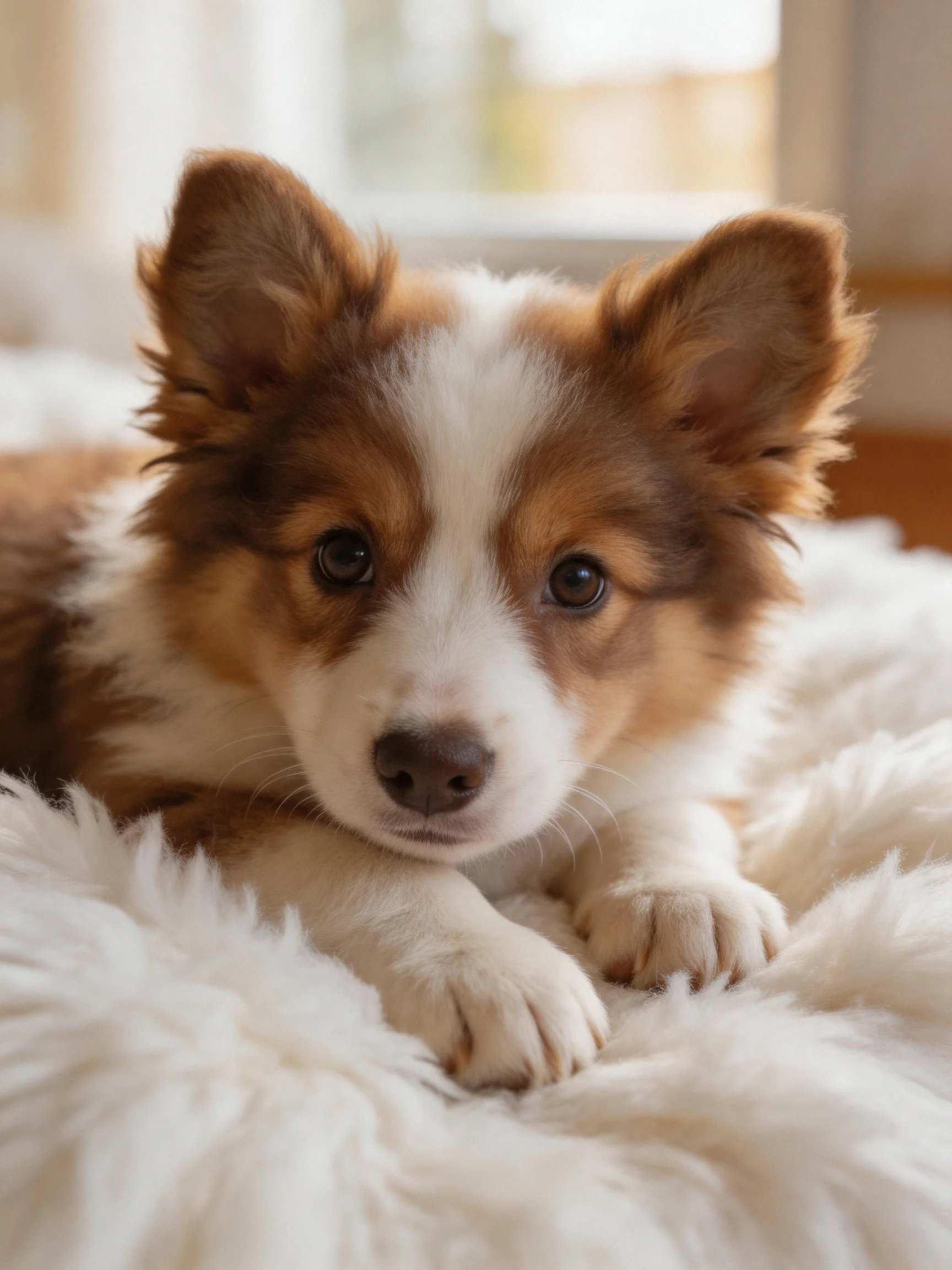 A brown and white puppy lies comfortably on a soft, white fur blanket.