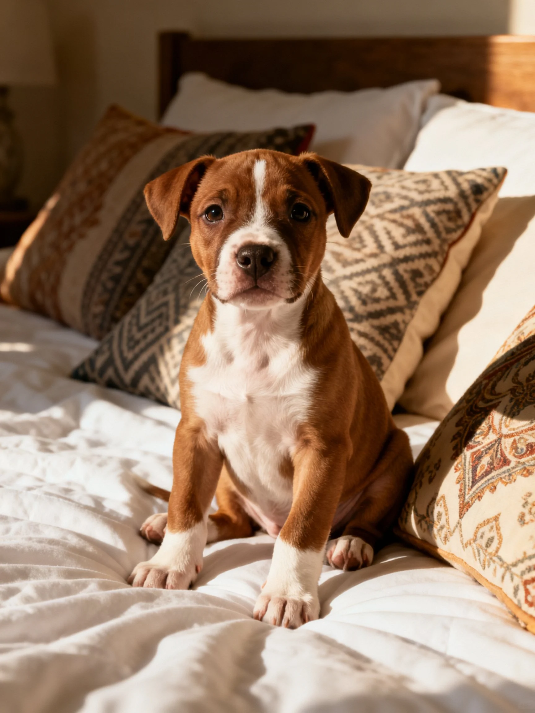Brown and white puppy sits on a white bed with decorative pillows