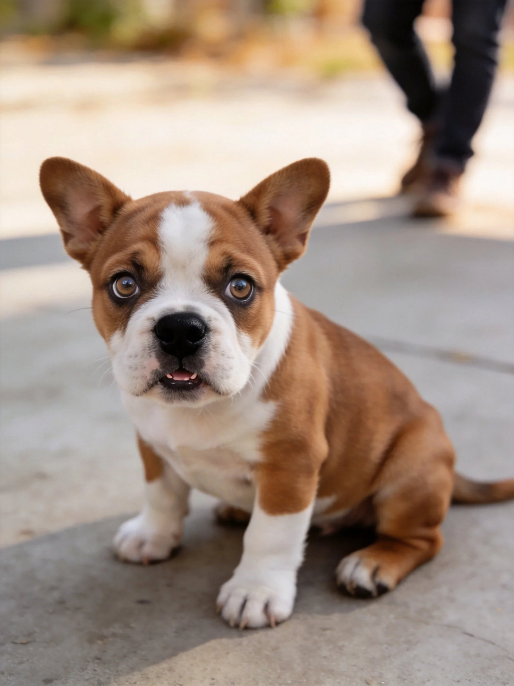 A brown and white puppy sits on concrete with a person in the distance