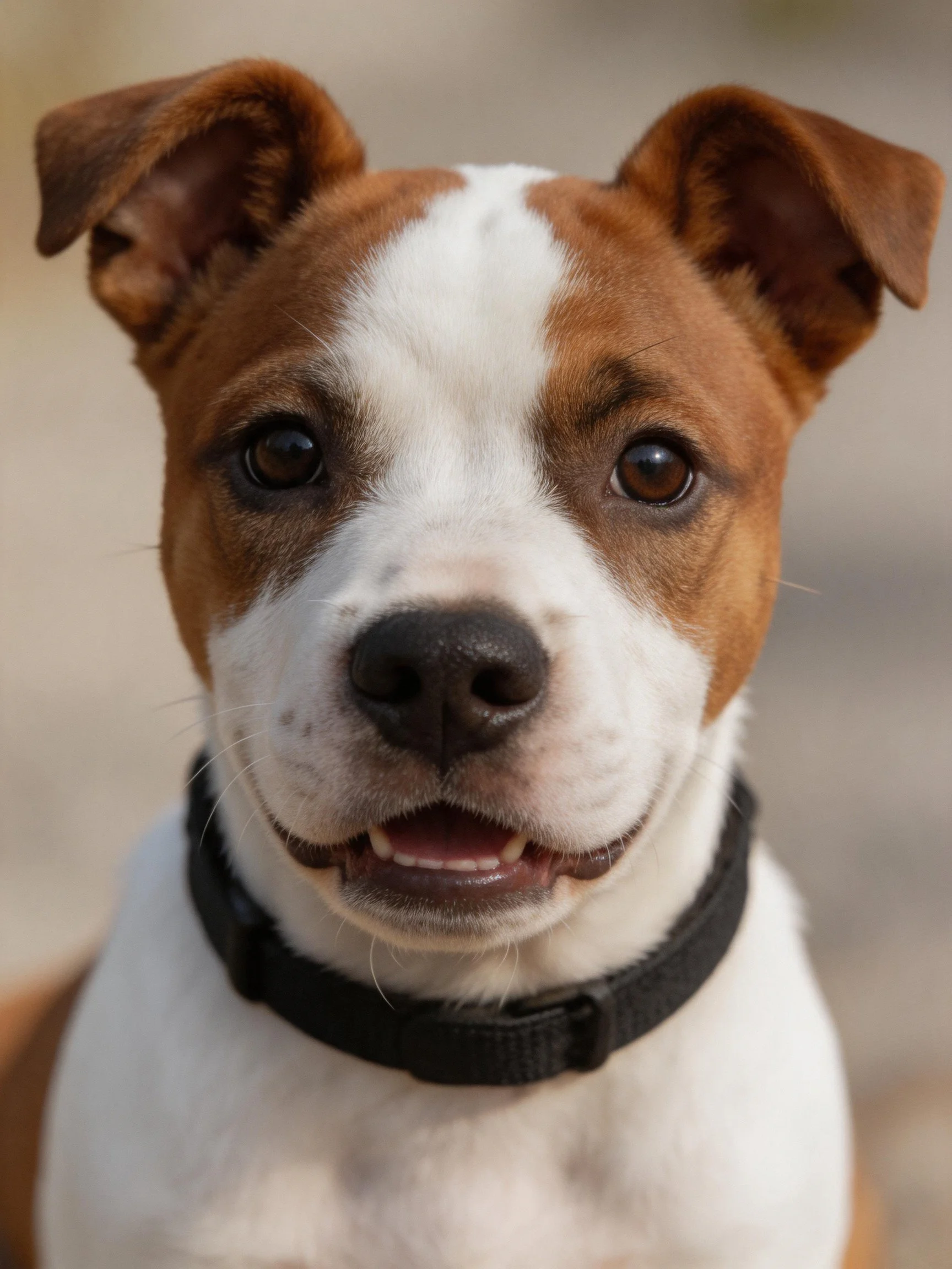 A brown and white puppy with a black collar looks attentively at the viewer.