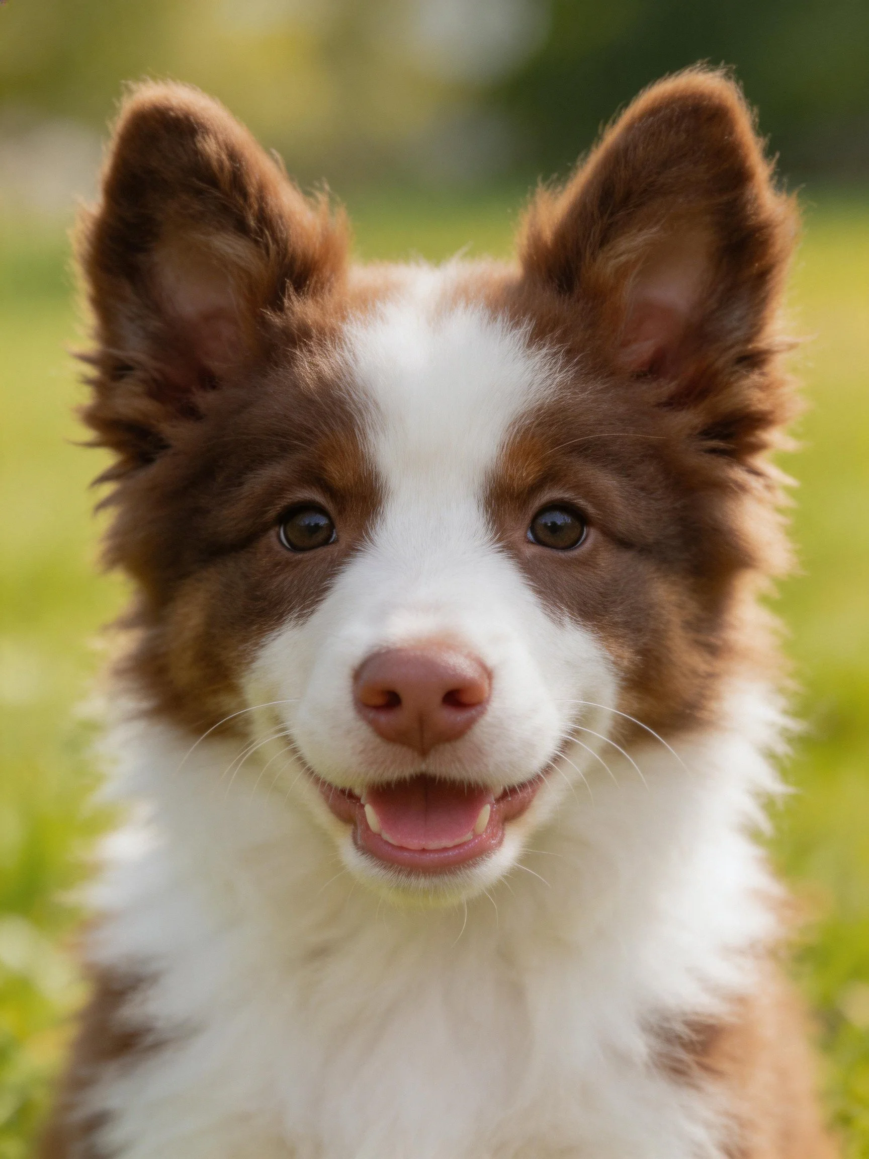 A brown and white puppy smiles in a green outdoor area.