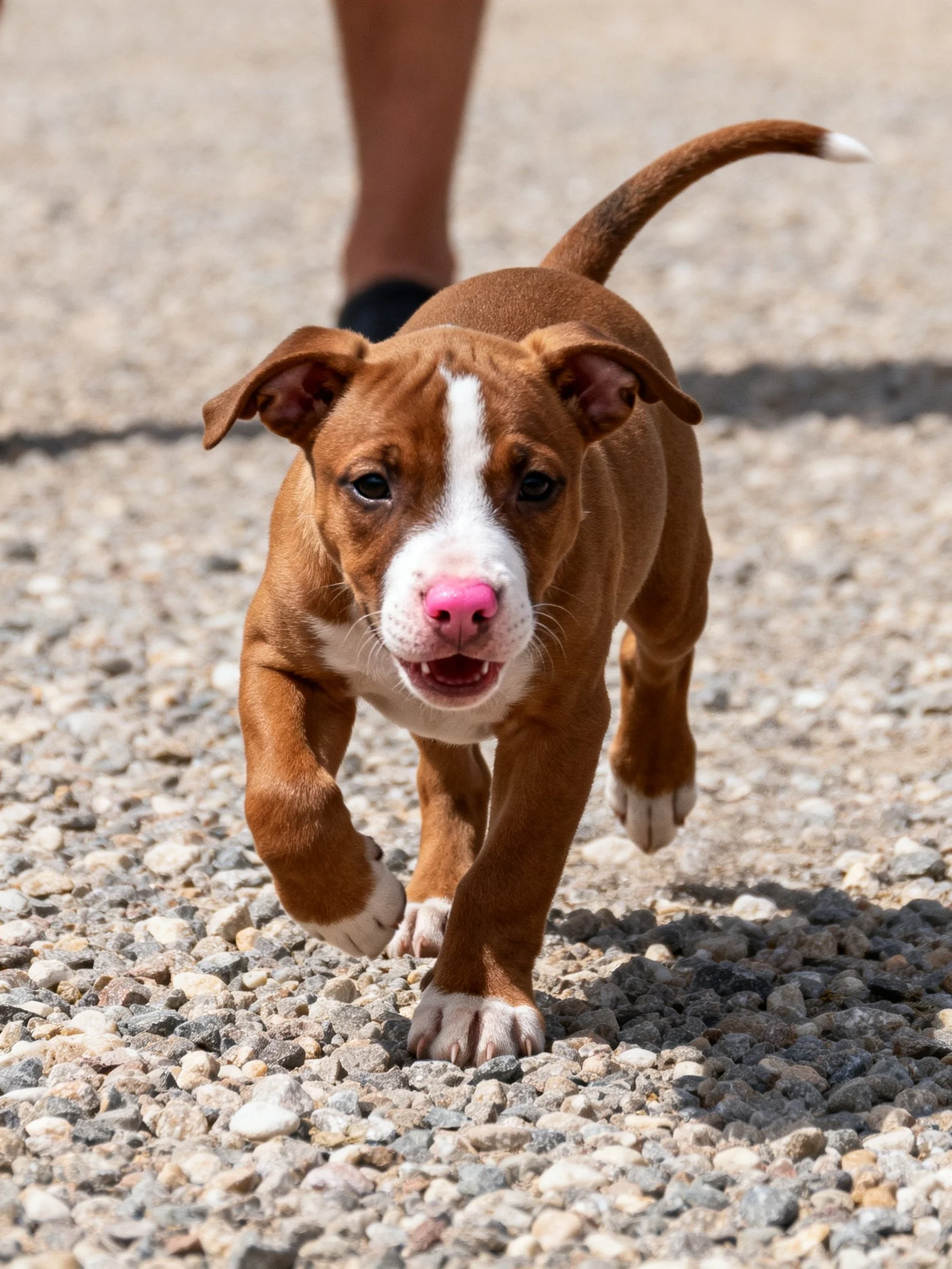 Brown and white puppy with pink nose running on gravel