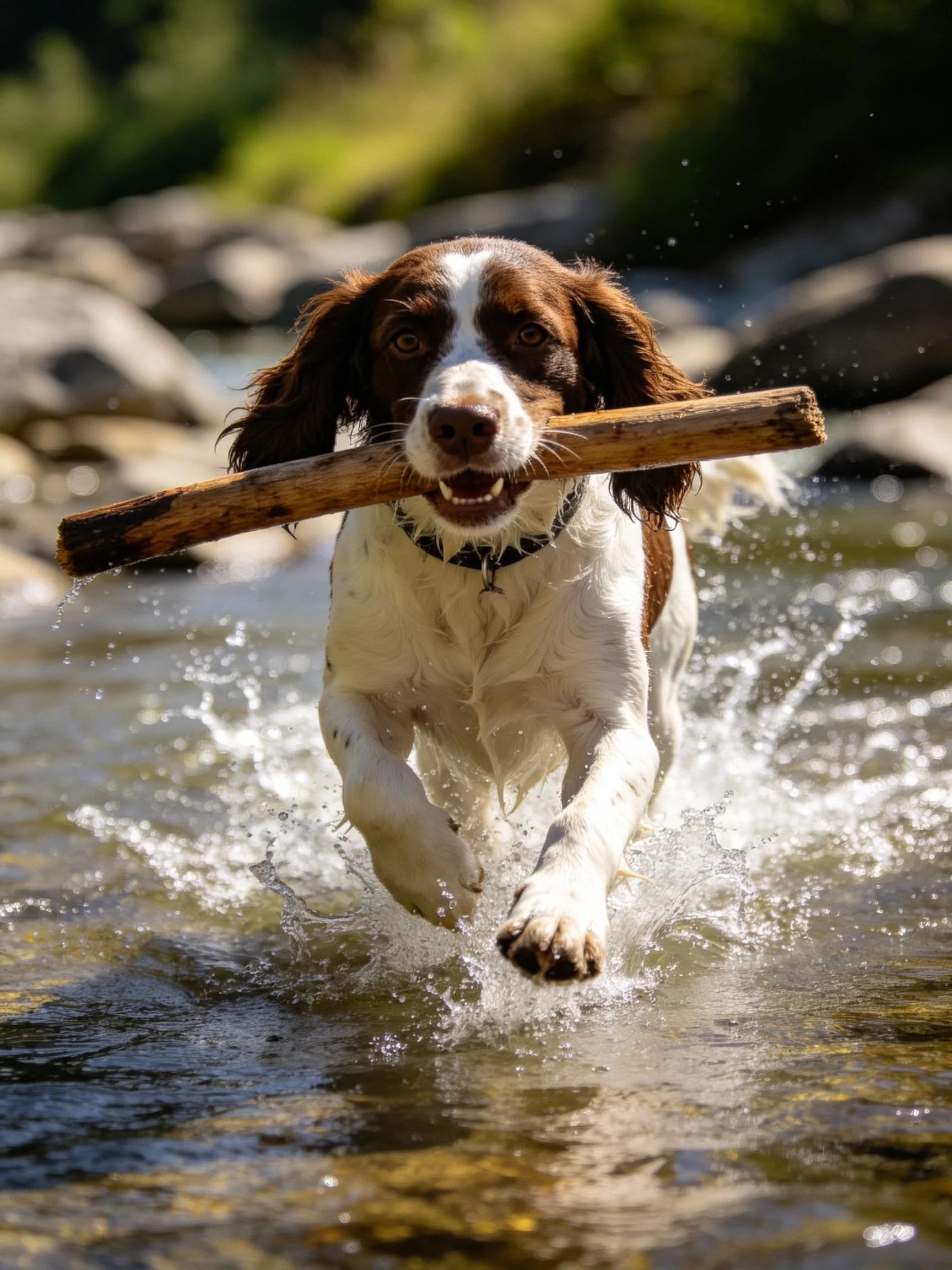Brown and white spaniel carrying a wooden stick through shallow water