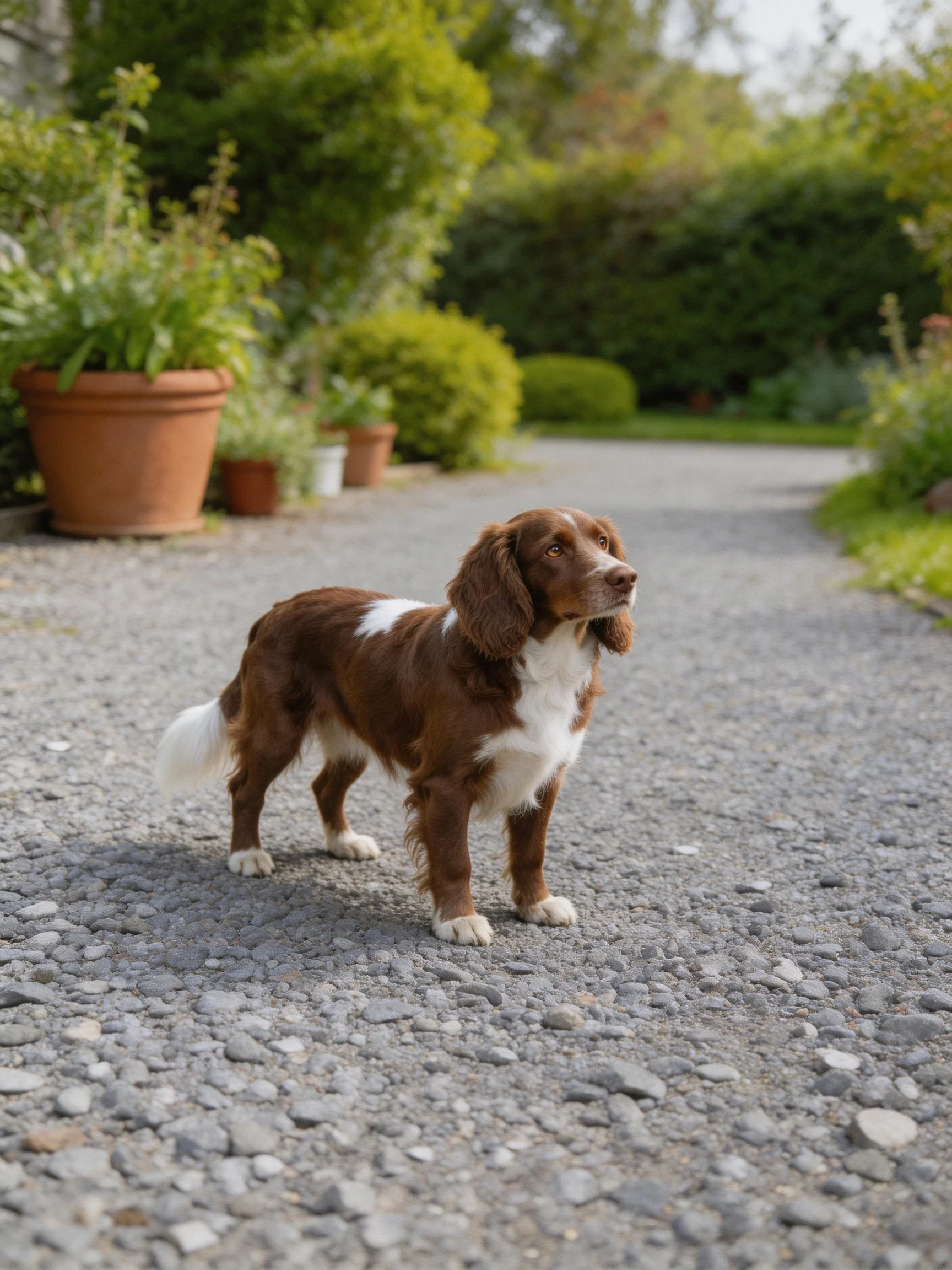 Brown and white spaniel on gravel path with potted plants