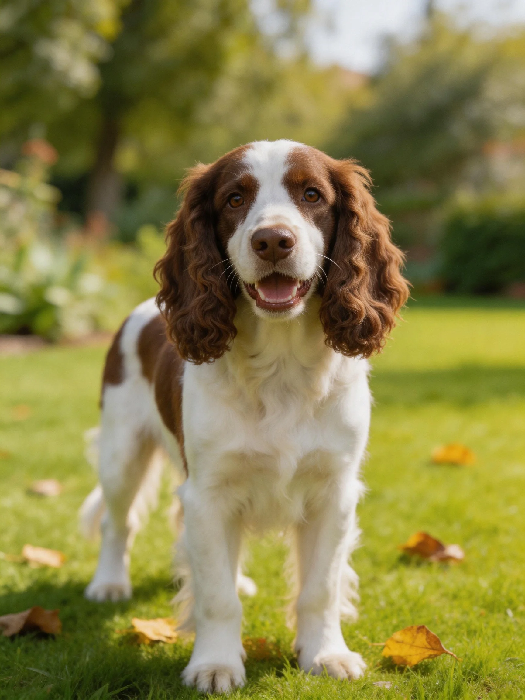 A brown and white spaniel stands on a green lawn with scattered leaves.